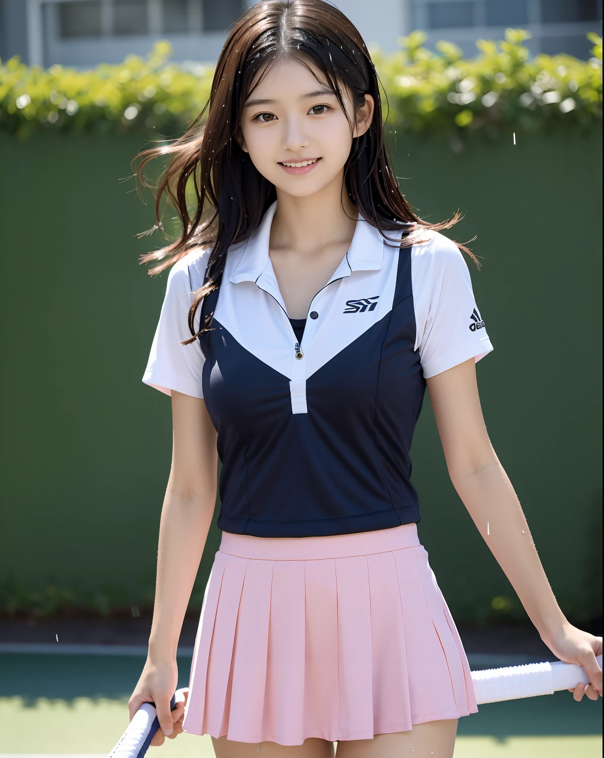((((whole body:1.3),1 girl, alone, Japanese Girls, girl、12 years old, (hig, Realistic, High resolution, 8k, Very detailed, Detailed face, Shiny skin), Black Hair, ragged bangs, ponytail,smile,(whole bodyショット),Tennis player uniforms,Pink sneakers,Are standing,Tennis court,The face is looking at the viewer,Perfect hands,Perfect legs,A dynamic pose