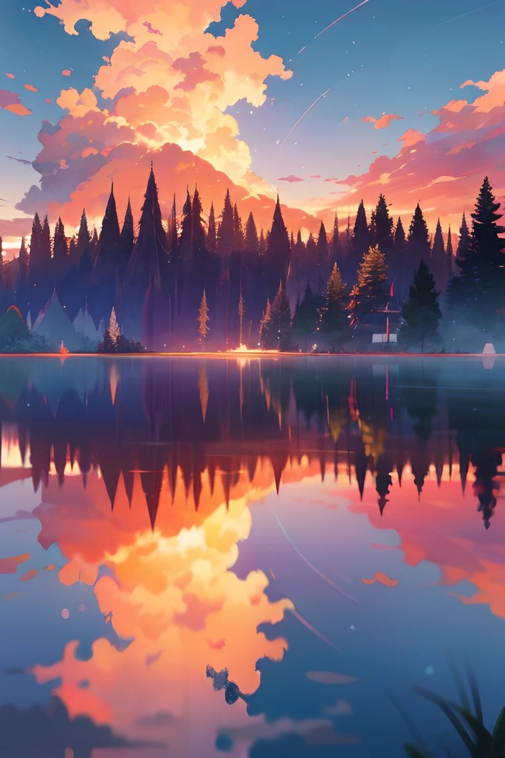 A surreal masterpiece,It presents a beautiful and spectacular view of dusk。Lakes and trees form the background,Accompanied by colorful sunsets and fantastic sky reflections。The beautiful sky blends in with the color of the lake,It's like a flame。This 8K picture creates a fantastic atmosphere,Colorful clouds are suspended in it,Create surreal visual experiences,Ultra-clear 8K,Hyper-detailing