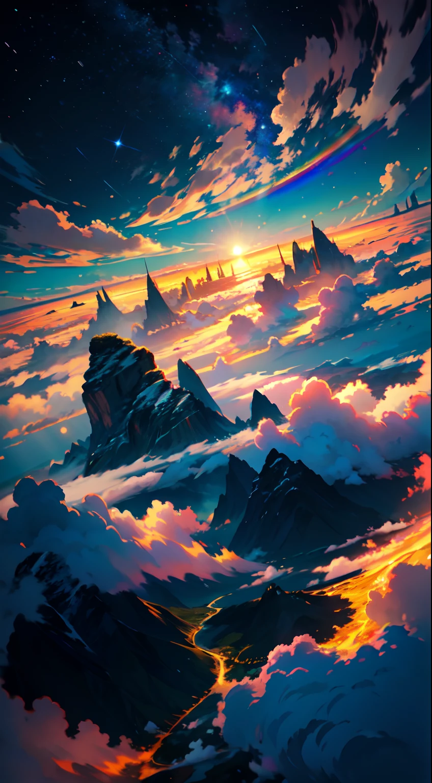 The image depicts a breathtaking otherworldly scenery that is nothing short of magical. It appears to be taken from high above the clouds, as the viewer is presented with a stunning panoramic view of the vast expanse of the sky. The stars twinkle and glimmer, creating a mesmerizing spectacle that is truly awe-inspiring. A colorful rainbow is also visible in the distance, adding a pop of vibrant hues to the otherwise serene and tranquil atmosphere. The sun shines brightly, casting a warm and welcoming glow over the entire scene. Overall, this image is a symphony of colors, light, and beauty that transports the viewer to another world entirely.