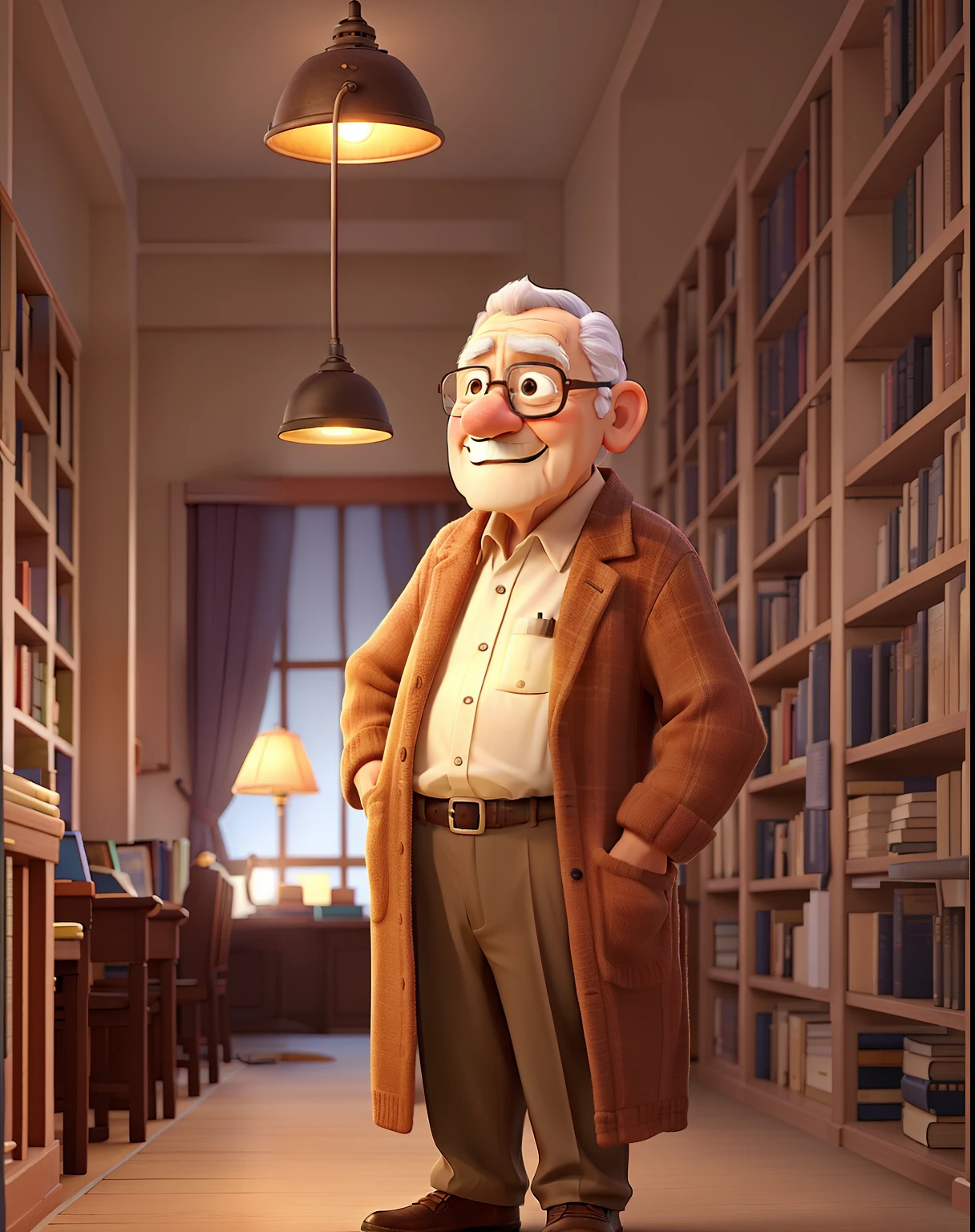 A wise old man standing in front, illuminated by the light of a lamp, against the backdrop of a library