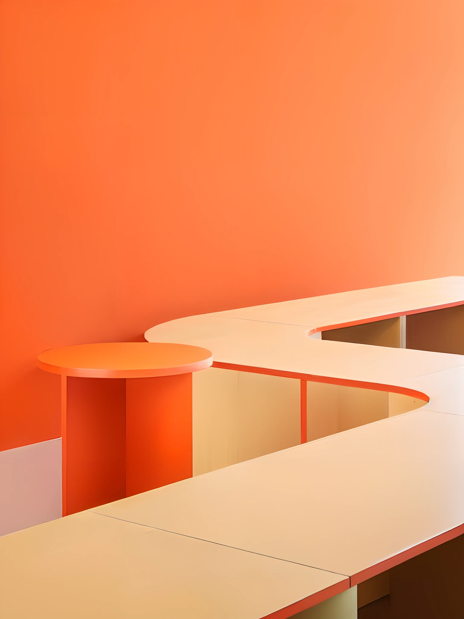 there is a long table with a red table top in a room, contaning tables and walls, warm colored furniture, curved furniture, containing tables and walls, orange details, dezeen, bold complementary colours, dezeen showroom, orange color scheme, orange color, grain”, bold colored walls, john pawson, trending on dezeen, vibrant orange, tables