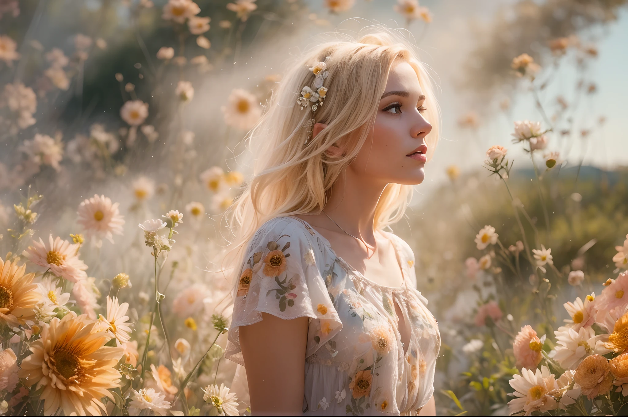 ****a beautiful blonde young woman, is standing with flower explosion in the background, in the style of midsommar, fanciful, natural landscape , dreamlike imagery, captivating documentary photos, flowing fabrics, disintegrated, intricate --ar 146:79 --v 5.1 --style raw