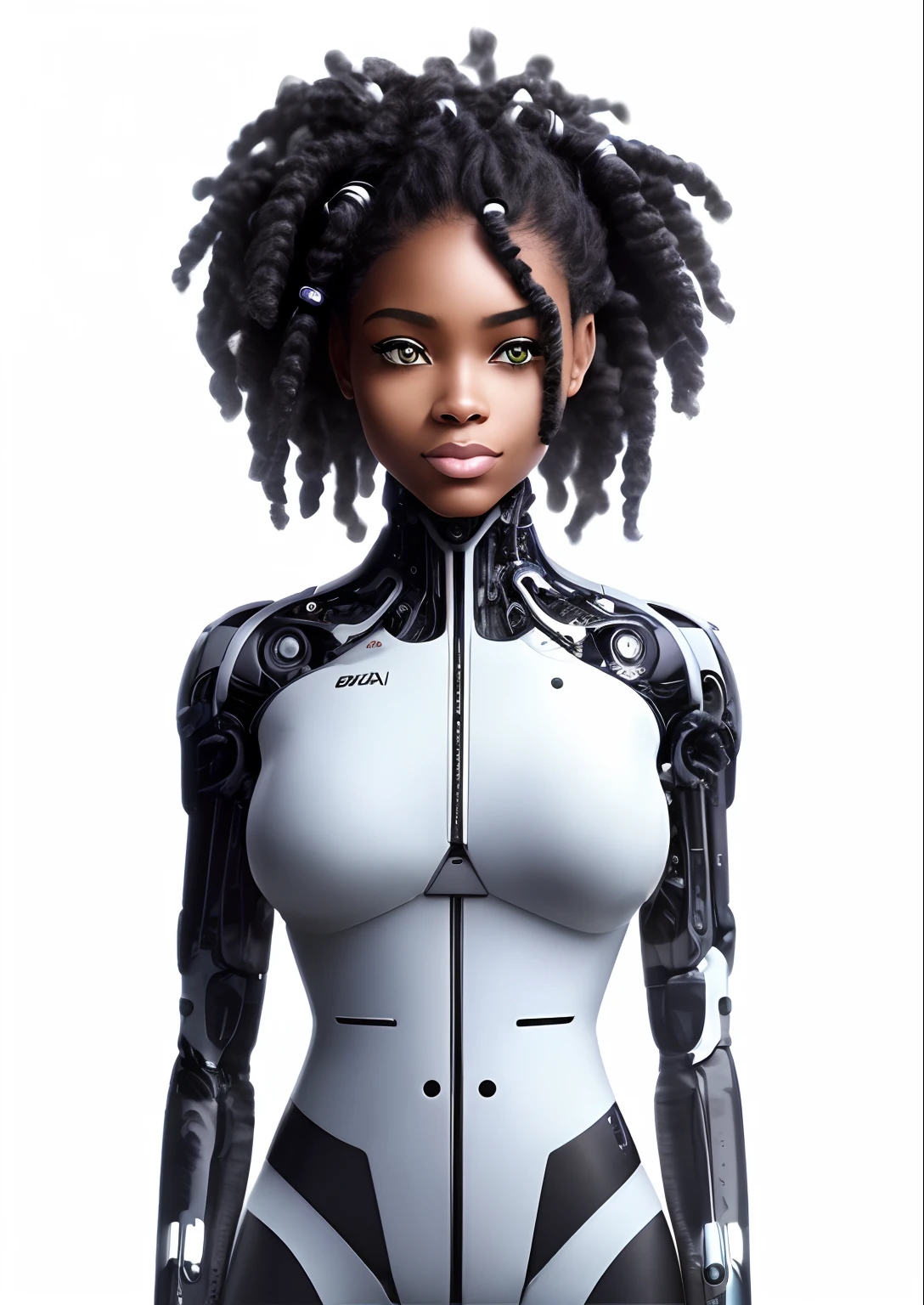 a close up of a woman in a futuristic suit with dreadlocks, african female android, a  black cyborg, beutiful white girl cyborg, cute cyborg girl, beautiful android woman, cyborg - girl, perfect android girl, beautiful female android, afro futuristic, beutiful girl cyborg, cyborg girl, sci-fi android female, young lady cyborg, integrated synthetic android