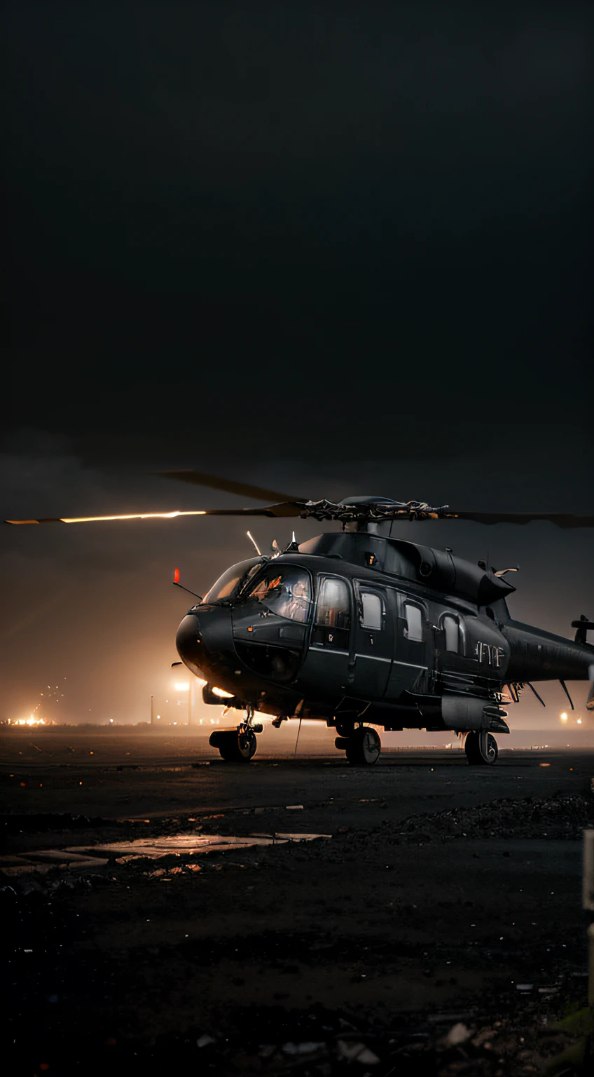 highly detailed landscape, loneliness, gloomy, highly detailed aircraft, helicopter, helicopter assembled from scrap materials, brutalistic takeoff area, red takeoff lights, iron crates around, gloomy atmosphere, dystopian, highly detailed, highly detailed lighting, cold lighting, black sky, dark overcast pitch black sky, night, dusty, hopeless
