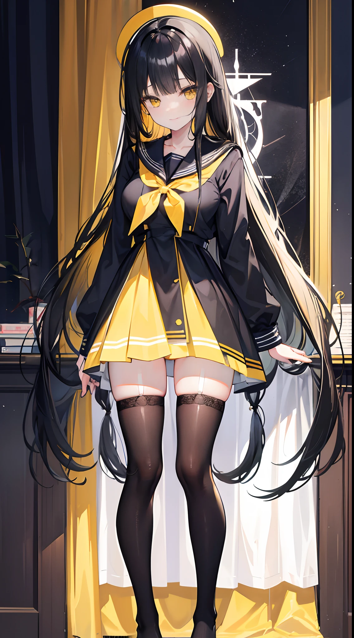 Long light black hair reaches waist-length，Yellow eyes，Hair curtain，Two hair curtains on both sides，dishiveredhair，chiquita，Sailor uniform school uniform，huge tit，White skin of the，light  smile，black lence stockings，Whole body diagram，Eye highlights，In school，