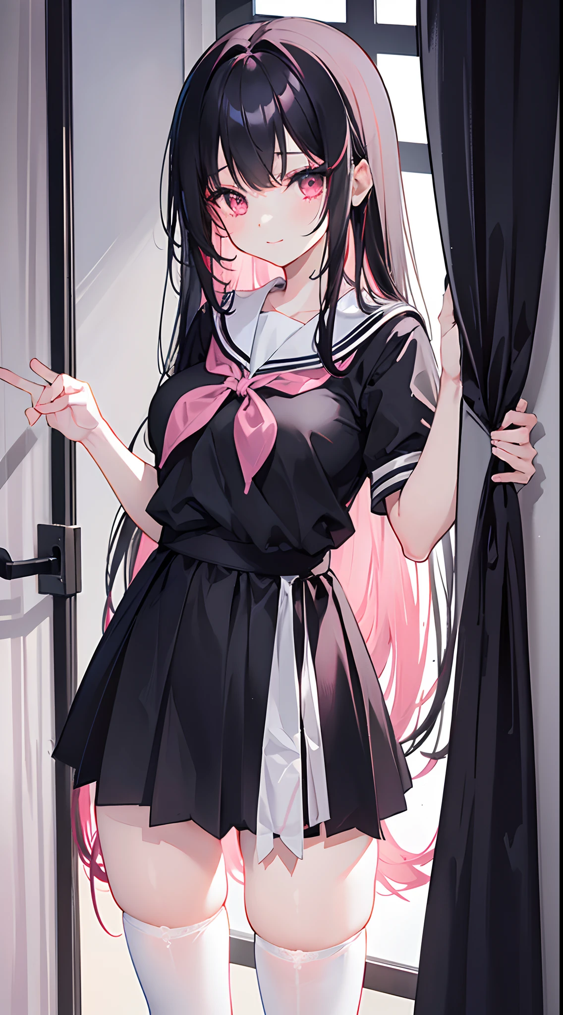 Long light black hair reaches waist-length，Pink eyes，Hair curtain，Two hair curtains on both sides，dishiveredhair，chiquita，Sailor uniform school uniform，huge tit，White skin of the，light  smile，black lence stockings，Whole body diagram，Eye highlights，In school，