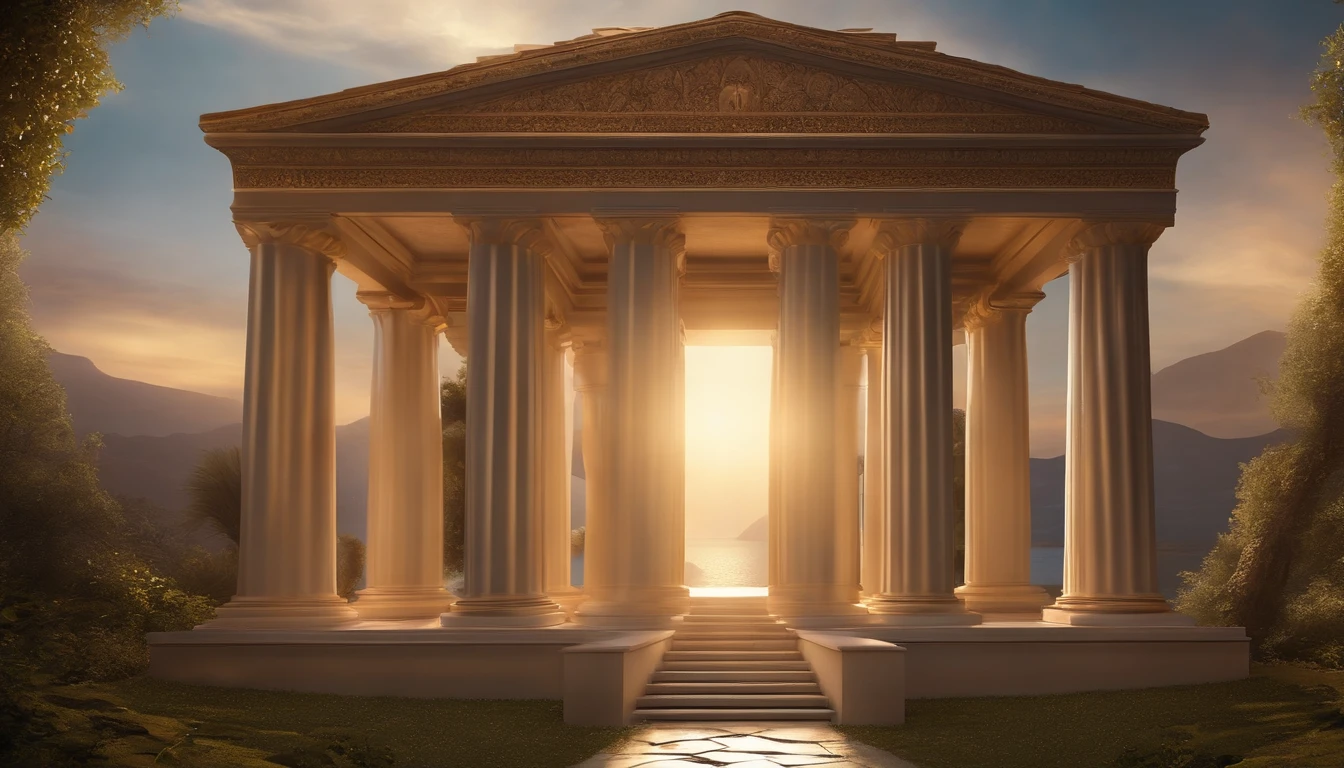 (best quality, master part,fotografia realista:1.4), Surrealism, Dream-like, Fusion Art, A majestic Greek temple, vibrant colors, soft lighting, ethereal atmosphere, intricate details, mystical ambiance, mesmerizing beauty, wisps of clouds, graceful columns, marble sculptures, intricately carved reliefs, enchanting landscape, surreal elements, seamless blending of reality and fantasy, dreamy composition, evocative shadows, transcendent mood, an otherworldly scene, serene and mystical, ethereal beauty, captivating and thought-provoking, a place of tranquility and wonder,delete.
