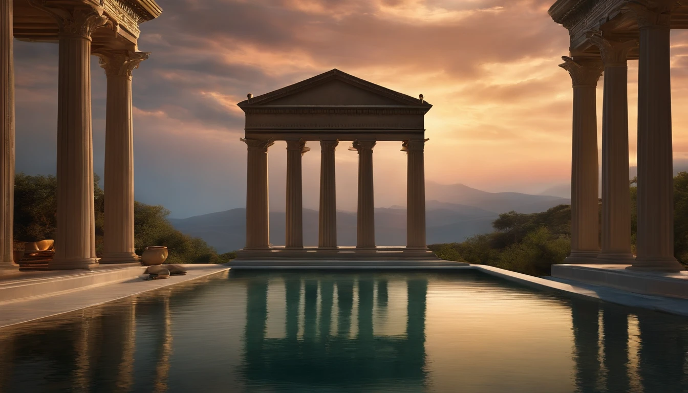 (best quality, master part,fotografia realista:1.4), Surrealism, Dream-like, Fusion Art, A majestic Greek temple, vibrant colors, soft lighting, ethereal atmosphere, intricate details, mystical ambiance, mesmerizing beauty, wisps of clouds, graceful columns, marble sculptures, intricately carved reliefs, enchanting landscape, surreal elements, seamless blending of reality and fantasy, dreamy composition, evocative shadows, transcendent mood, an otherworldly scene, serene and mystical, ethereal beauty, captivating and thought-provoking, a place of tranquility and wonder,delete.
