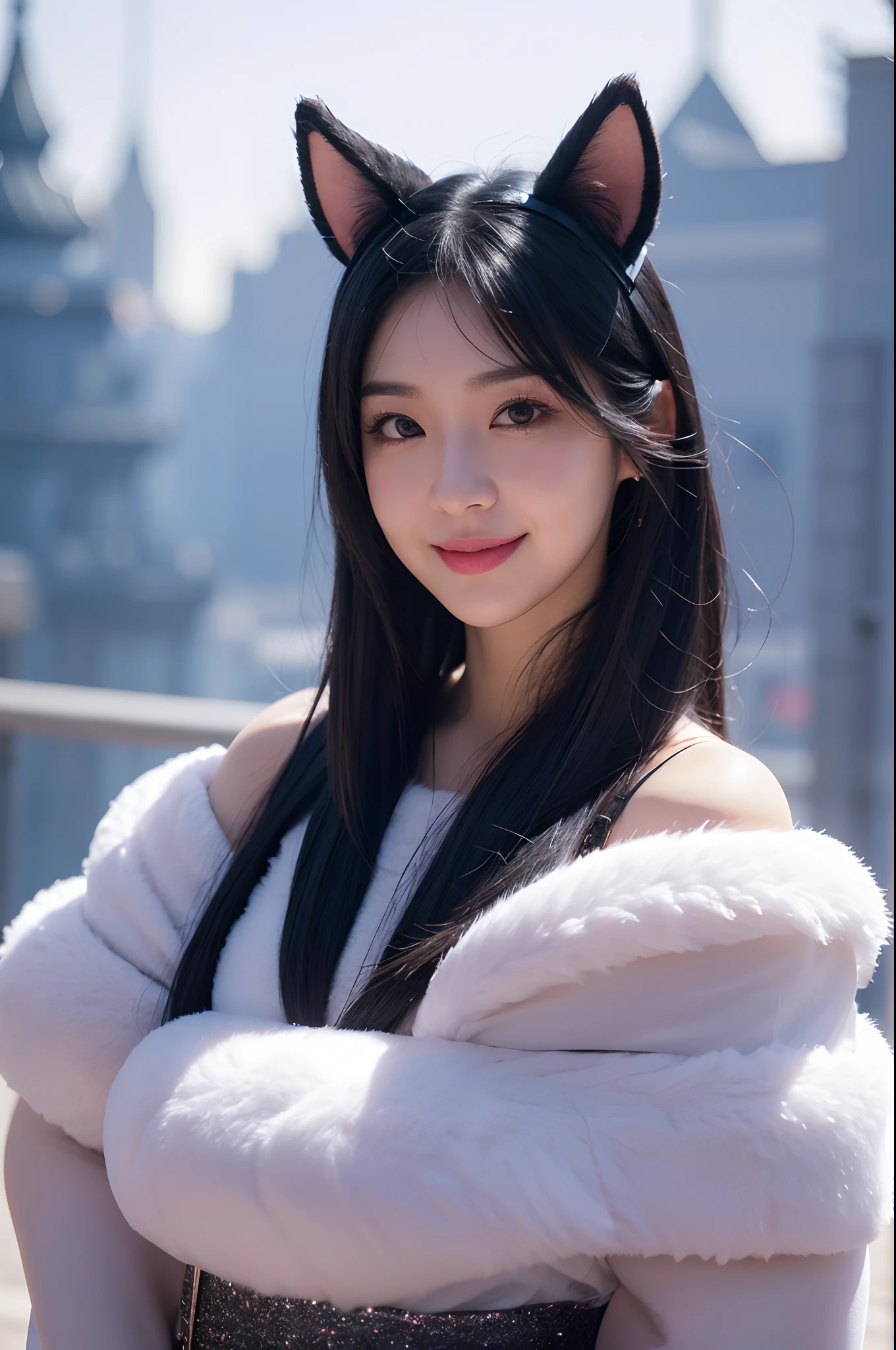 black hair, hair bobbles, wince, longeyelashes, solid circle eyes, fake animal ears, light smile, ear blush, fang, Surrealism, drop shadow, anaglyph, stereogram, tachi-e, pov, atmospheric perspective, high detail, chiaroscuro, 8k, super detail, ccurate, best quality, UHD