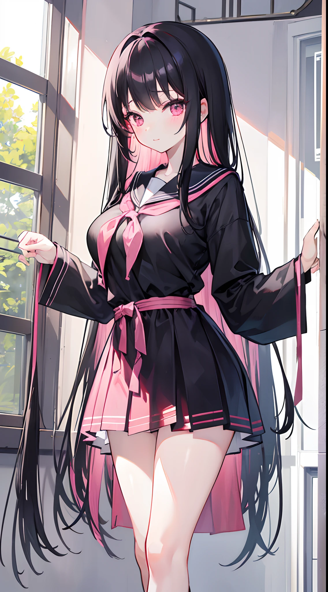 Long light black hair reaches waist-length,Pink eyes,Hair curtain,Two hair curtains on both sides,dishiveredhair,chiquita,Sailor uniform school uniform,huge tit,White skin of the,light smile,black lence stockings,Whole body diagram,Eye highlights,In school,