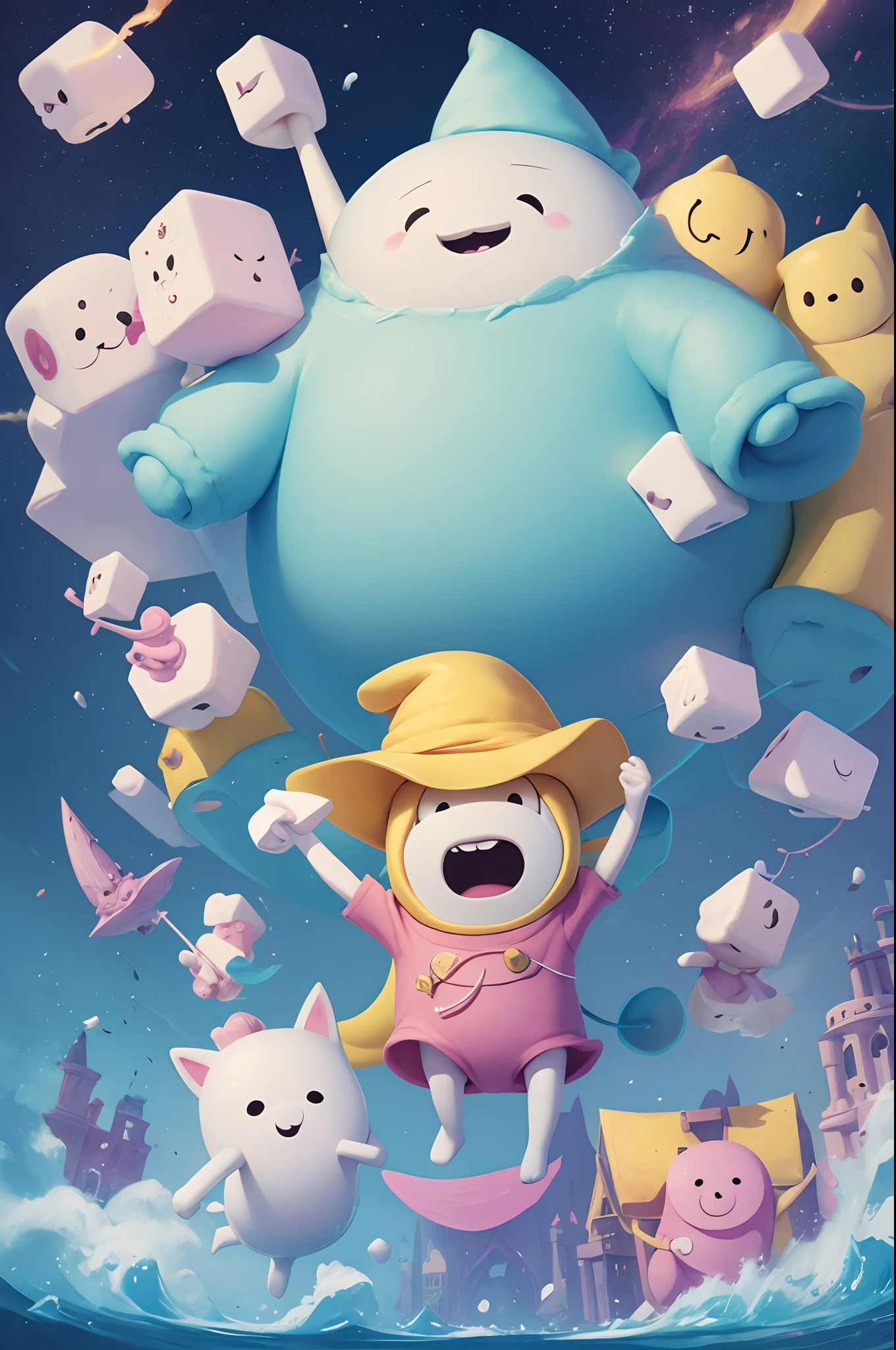 happy marshmallows, in style of adventure time, intricate detail, concept art