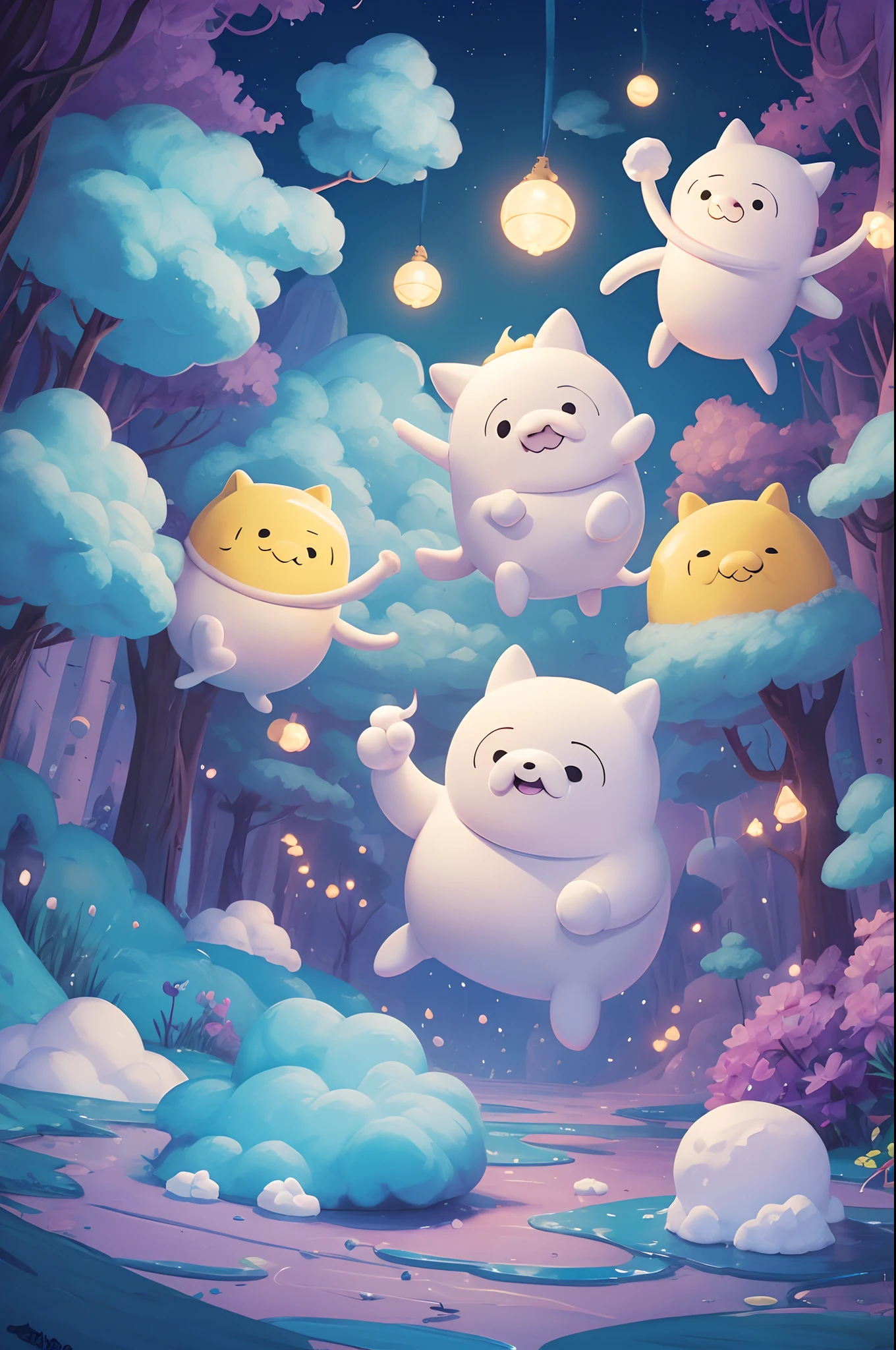 happy marshmallows, in style of adventure time, intricate detail, concept art