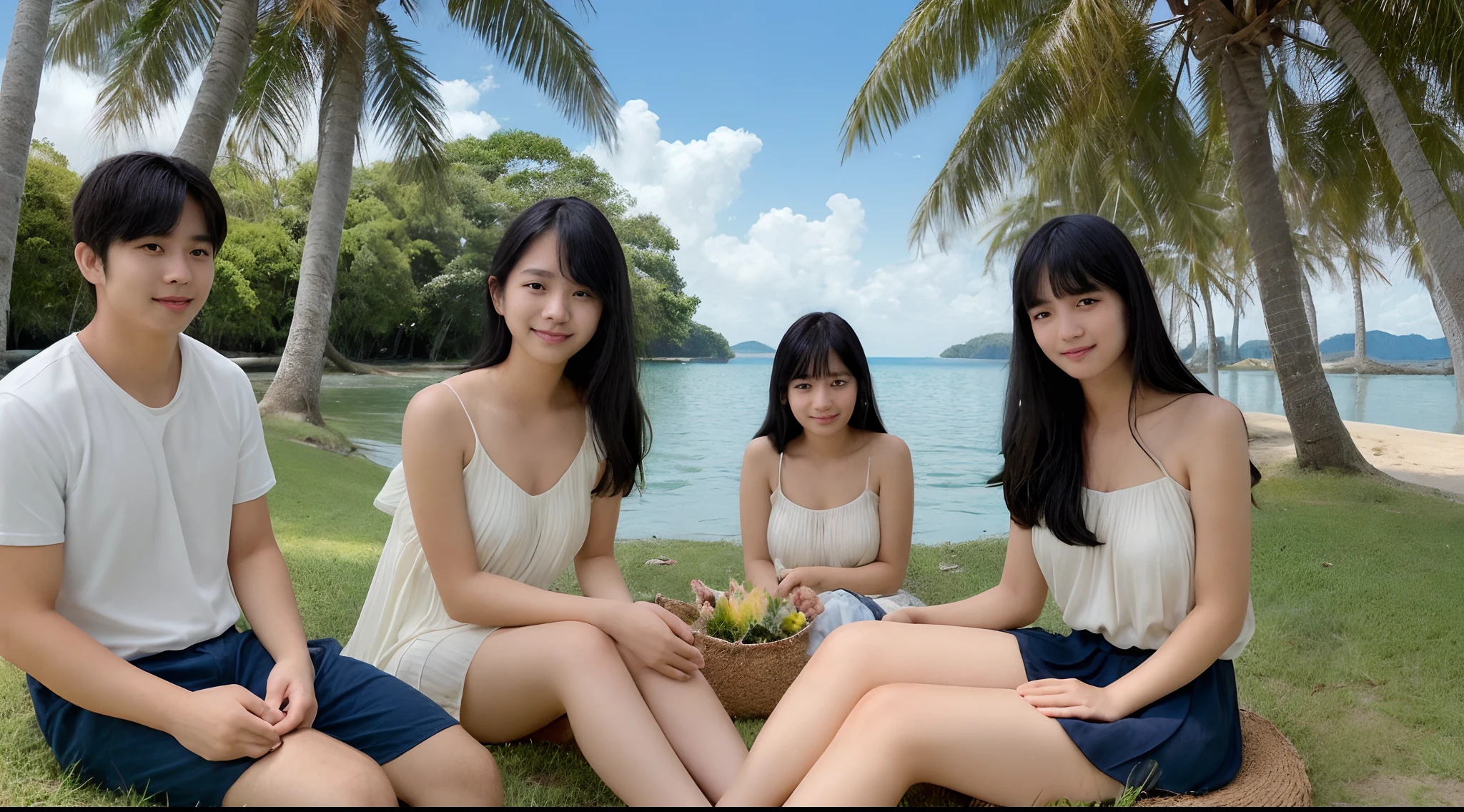 ((Highest quality))、((masterpiece))、(be familiar with)、Perfect Face、Japanese women、1 person、Big eyes and round face、Big smile、Short Hair、Large breasts、White T-shirt、Platform Sandals、Beachside、whole body