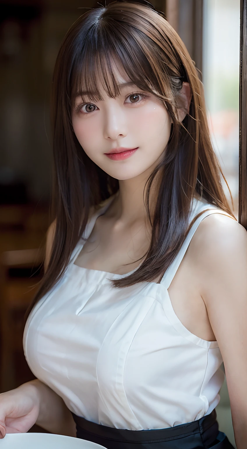 (top-quality,​masterpiece:1.3,超A high resolution,),(ultra-detailliert,Caustics),(Photorealsitic:1.4,RAW shooting,)Ultra-realistic capture,A highly detailed,High resolution 16K human skin closeup。 Skin texture is natural、,The pores are、Must be detailed enough to be easy to identify。 Skin should look healthy with even tones。 Use natural light and color,resturant,Waitress uniform,女の子1人,japanes,18year old,kawaii,A dark-haired,Middle hair,(large boob),smil,Turn your body to the front,(front-facing view:1.2),Looking at the camera,cowboy  shot,boob focused,chest close-up