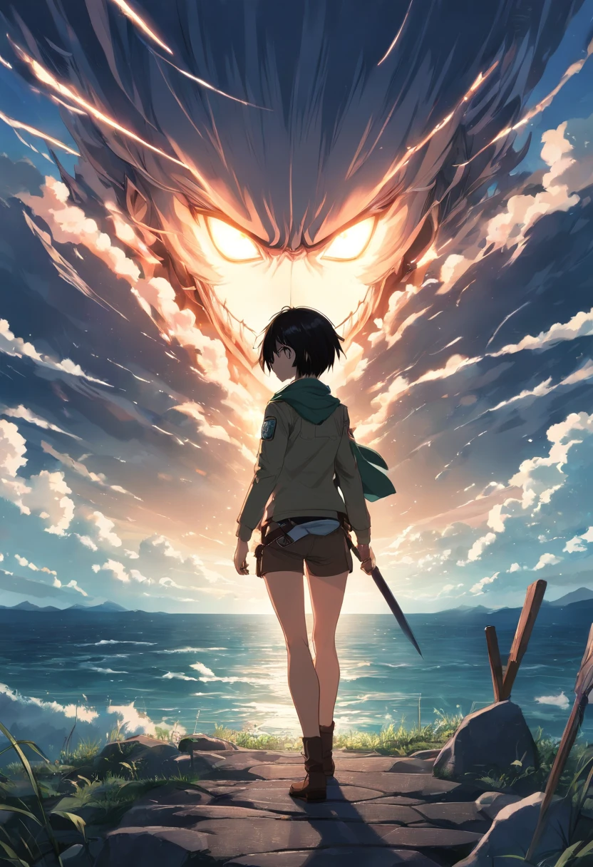 Generate a moody and emotionally black and white movie poster in the style of Hajime Isayama's Attack on Titan. The poster should prominently feature Eren Jaeger, wearing a Paradis Island uniform and ODM gear, looking up in fear at a colossal titan.