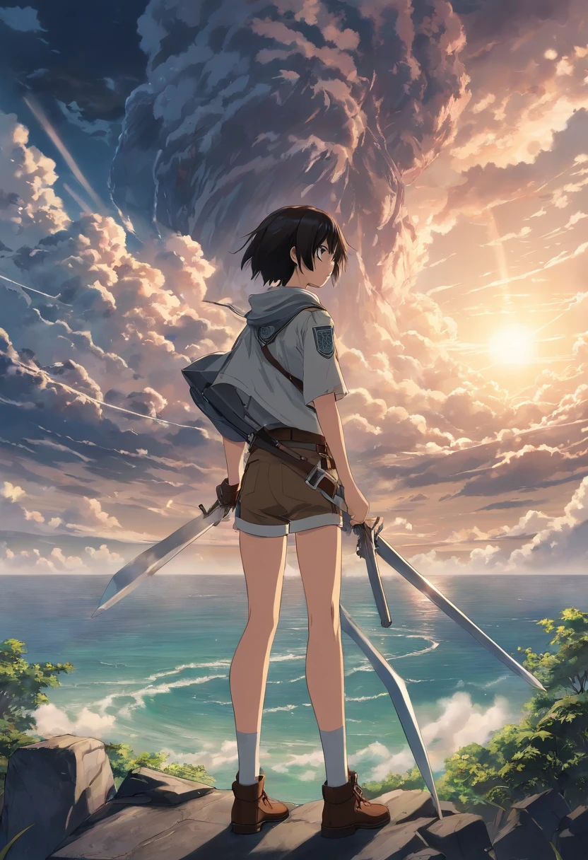 Generate a moody and emotionally black and white movie poster in the style of Hajime Isayama's Attack on Titan. The poster should prominently feature Eren Jaeger, wearing a Paradis Island uniform and ODM gear, looking up in fear at a colossal titan.