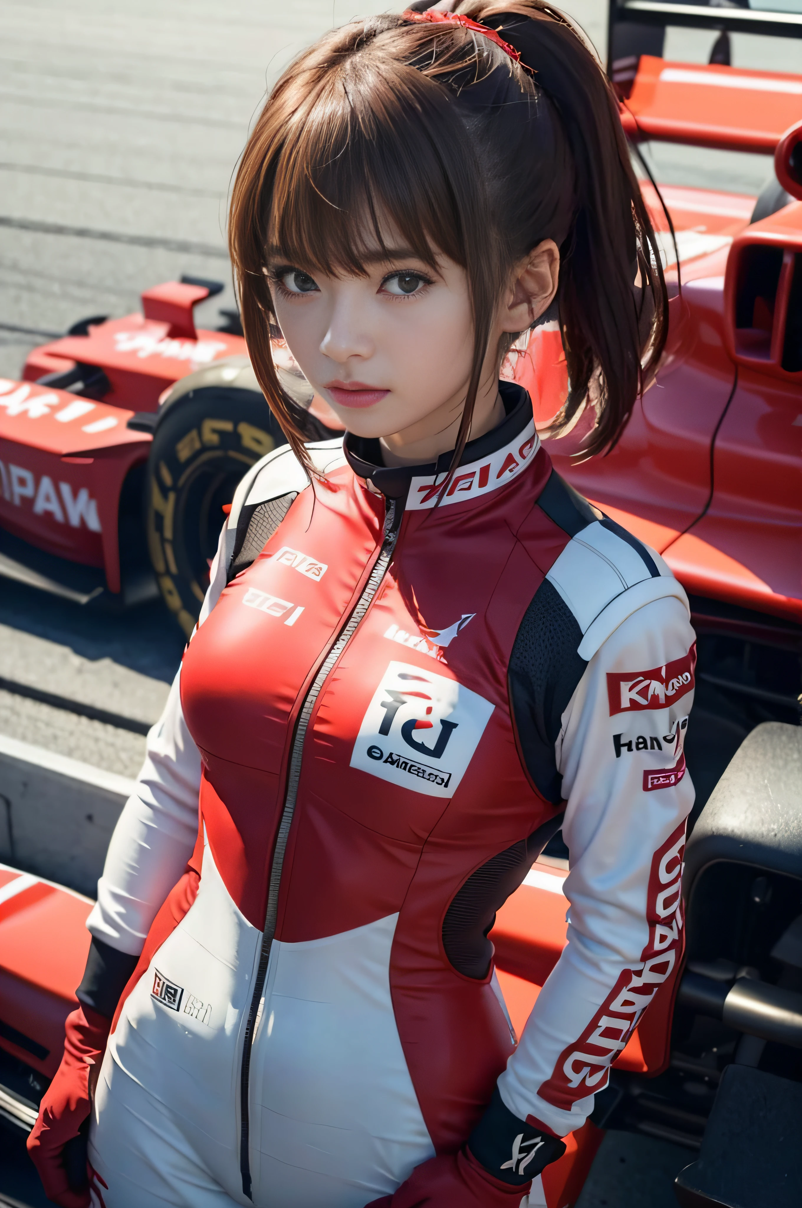 RAW image quality、8K分辨率、Ultra-high-definition CG images、Japan female racer in red racing suit standing in front of red formula car　F1　circuit　Brown hair　a short bob　Monaco Grand Prix　standing with arms crossed　Portrait　portlate