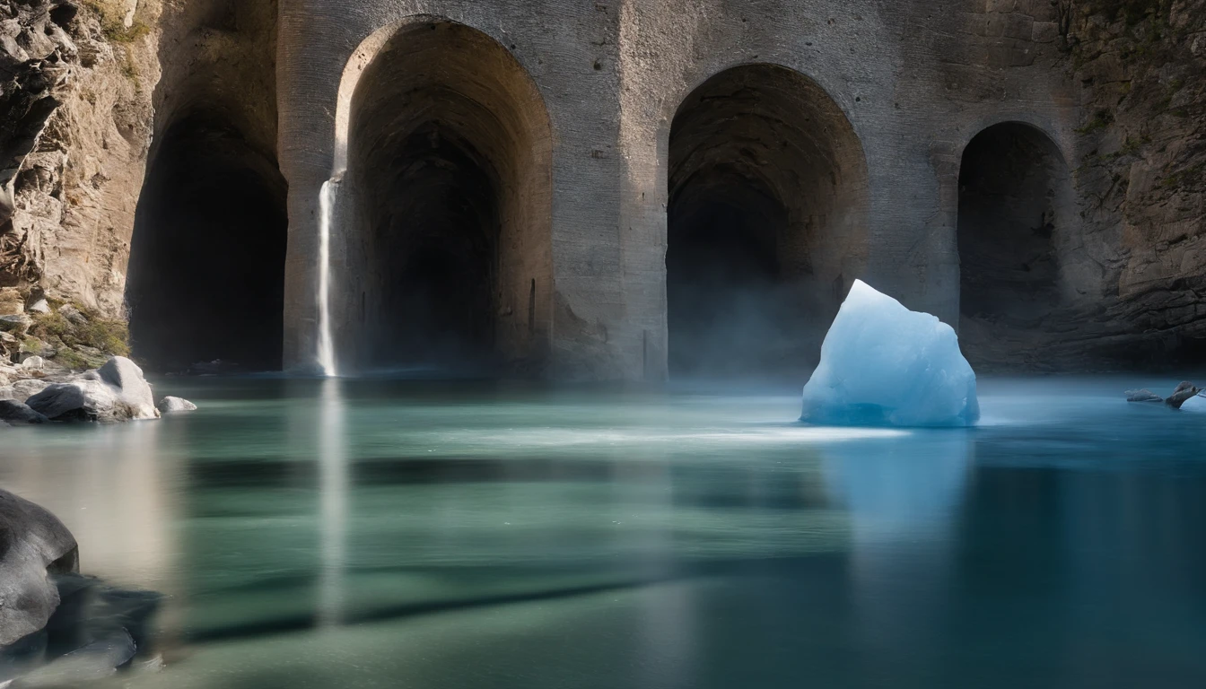 A stark contrast to
This rustic town is home to the mighty Ice Fortress,
die halb versteckt in einer nebligen Klamm steht. Ihre Mauern
erheben sich auf 12 Meter, And even higher are the narrow
Towers - one made of blue ice, einer im Verfall begriffen. All
seems to be built on the scale of giants. Closer
you can't see because of the fog, except
two statues, die direkt vor dem enormen Tor stehen.