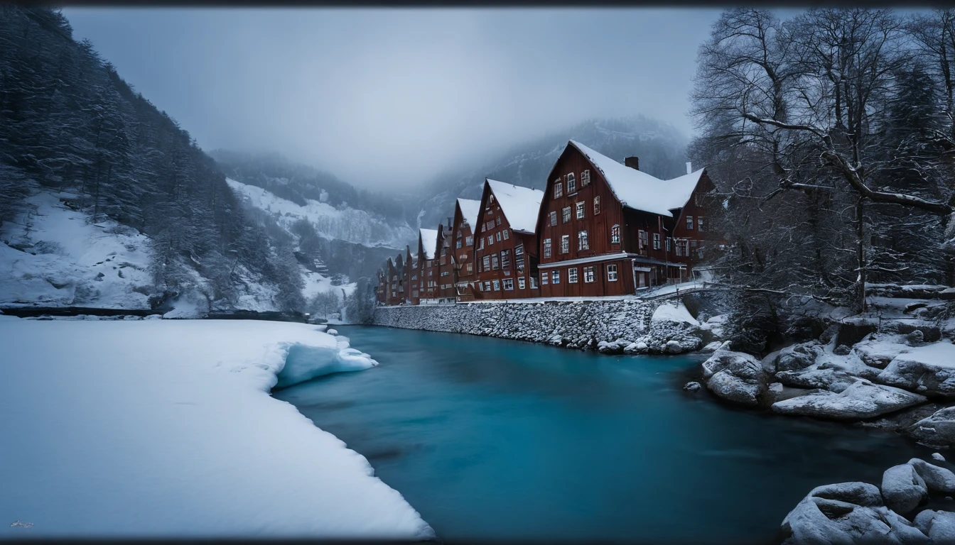 A stark contrast to
This rustic town is home to the mighty Ice Fortress,
die halb versteckt in einer nebligen Klamm steht. Ihre Mauern
erheben sich auf 12 Meter, And even higher are the narrow
Towers - one made of blue ice, einer im Verfall begriffen. All
seems to be built on the scale of giants. Closer
you can't see because of the fog, except
two statues, die direkt vor dem enormen Tor stehen.