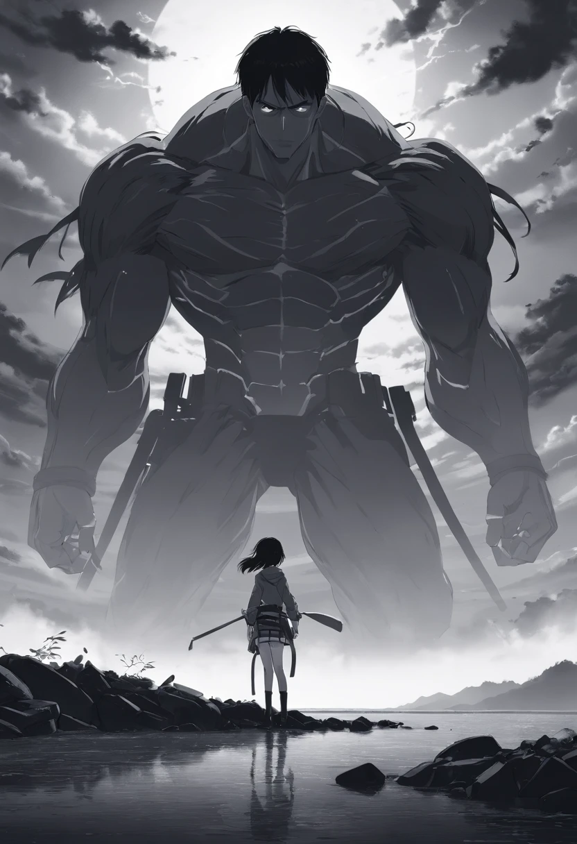 Generate a moody and emotionally black and white movie poster in the style of Hajime Isayama's Attack on Titan. The poster should prominently feature Eren Jaeger, wearing a Paradis Island uniform and ODM gear, looking up in fear at a colossal titan.