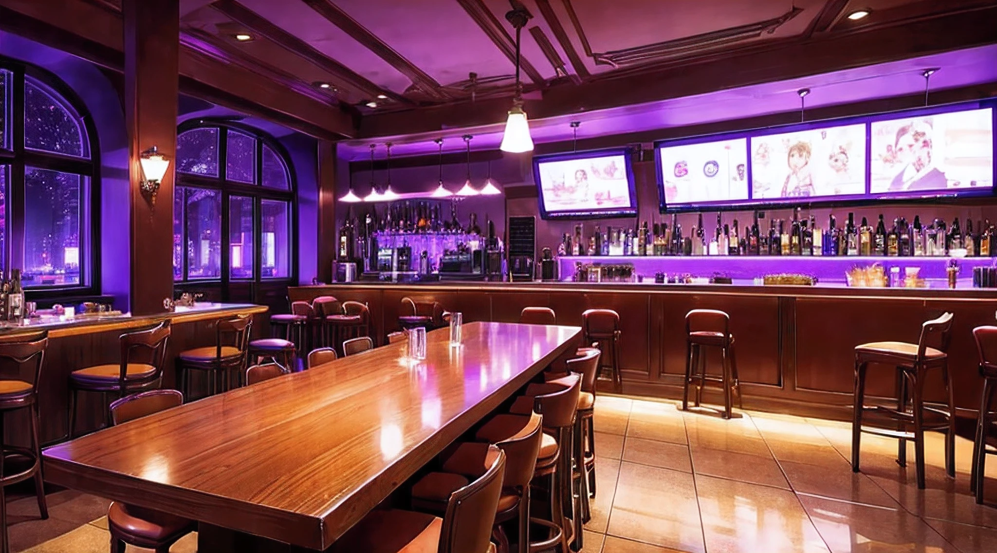 Inside the bar,the night,purpleish color,No windows