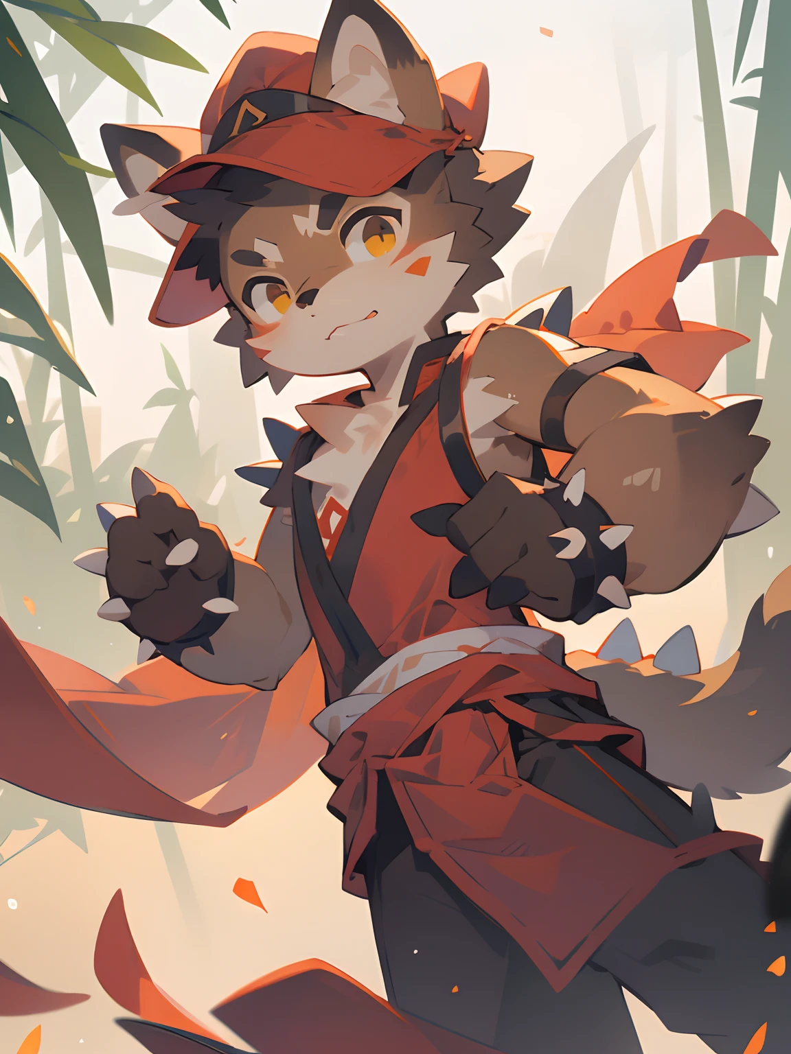 High saturation, Masterpiece, Best quality, Extremely detailed, Depth of field, komono, Male, anthro, Solo, (brown:1.2) furry wolf,  Red cloth around the waist, Half-length portrait, Bamboo forest, (Bamboo) Rain cap, (spiky:1.3) Hat, (Conical:1.2) Hat, Ancient Asian sleeveless clothing, (Loose:1.2) clothes,Daylight, posing on a，(author：Puinki,By Artists:1.2),(author：Unreal Land,author：Sumi Kuroi,author：Milk Tiger 1145,author：Morkey,author：Emolga 1