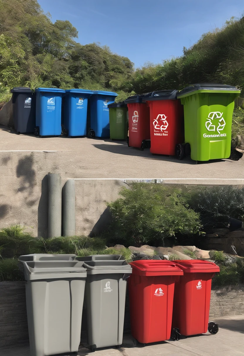 One shows that garbage sorting is environmentally friendly、A poster that is valued by both adults and children in the family。There are four trash cans of different colors，Corresponding to different garbage。There should be 4 garbage cans，Hazardous trash cans in red, respectively，Green food waste bins，Blue recyclable trash can，Gray other garbage。