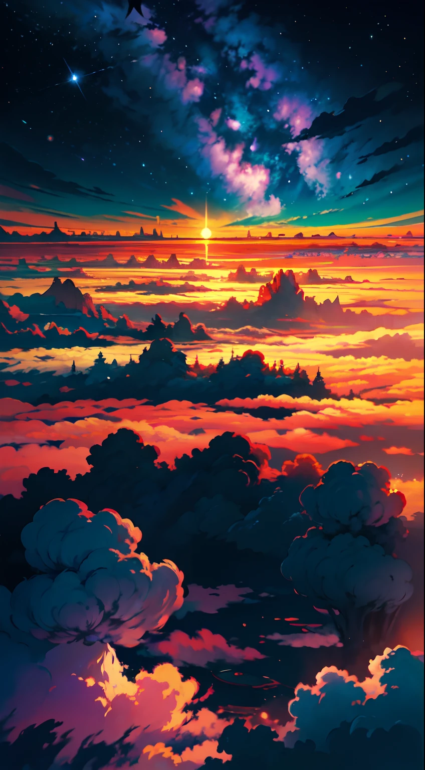 The image depicts a breathtaking otherworldly scenery that is nothing short of magical. It appears to be taken from high above the clouds, as the viewer is presented with a stunning panoramic view of the vast expanse of the sky. The stars twinkle and glimmer, creating a mesmerizing spectacle that is truly awe-inspiring. A colorful rainbow is also visible in the distance, adding a pop of vibrant hues to the otherwise serene and tranquil atmosphere. The sun shines brightly, casting a warm and welcoming glow over the entire scene. Overall, this image is a symphony of colors, light, and beauty that transports the viewer to another world entirely.
