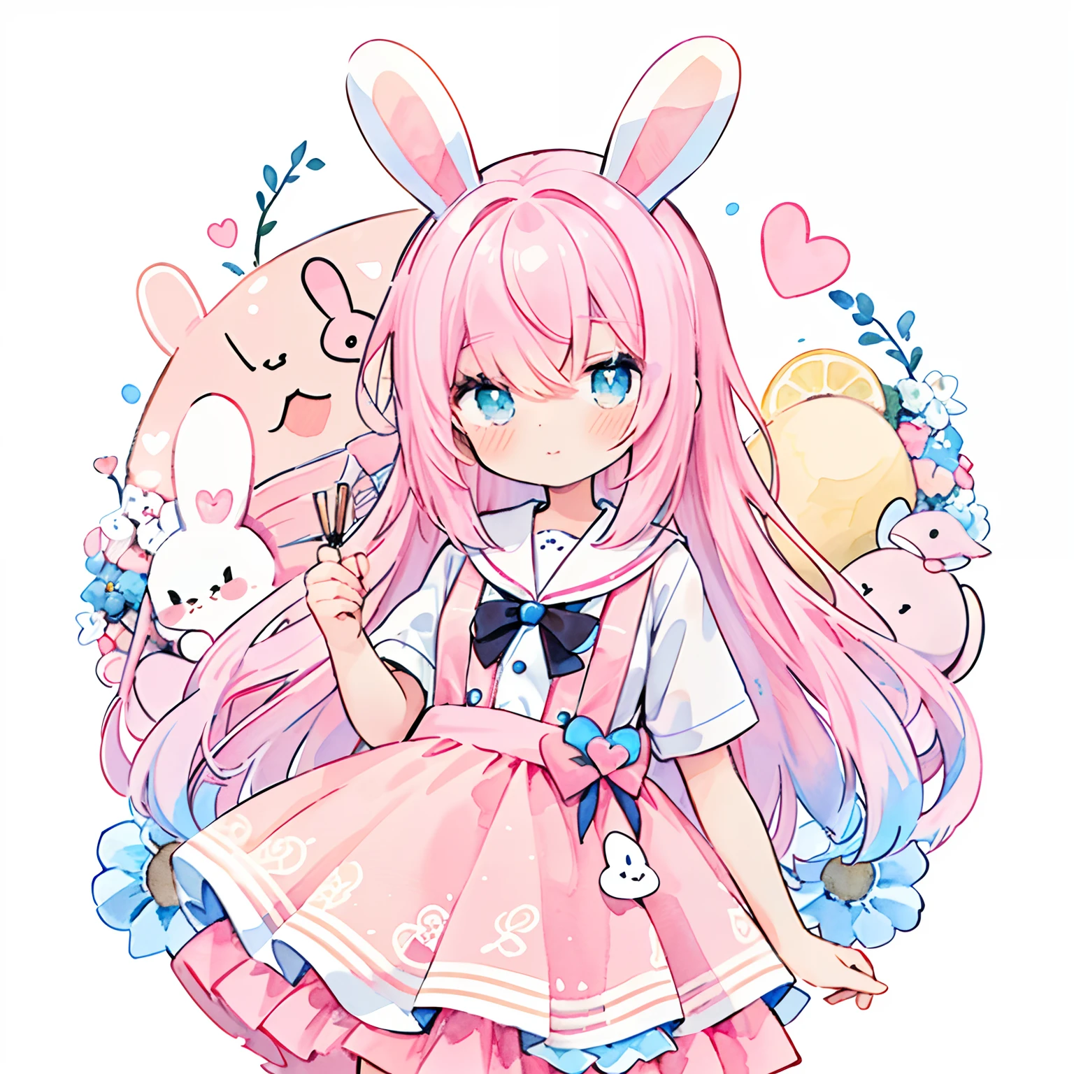 (PastelColors:1.5)、(Cute illustration:1.5)、(watercolor paiting:1.2)、(1 girl:1.0)、hair between eye、(Color: 1.5), (Cute illustration: 1.5), (watercolor paiting: 1.2), (1 girl: 1.0), (1 girl: 1.2), hair between eye, White background, (Color: 1.5), (Cute illustration: 1.5), (watercolor paiting: 1.2), (1 girl: 1.0), (1 girl: 1.2), hair between eye, White background, girl, Whole body espian, Rabbit Girl, Rabbit tail, Puffy skirt design, Design with a rabbit atmosphere, Style, Double Layer Light Pink Dress Skirt, Sparkling Heart, Shake your hair, Calm、kawaii、White Boa Jumper, Rabbit ears、Light pink hair, Rabbit elements、Like a VTuber、charicature