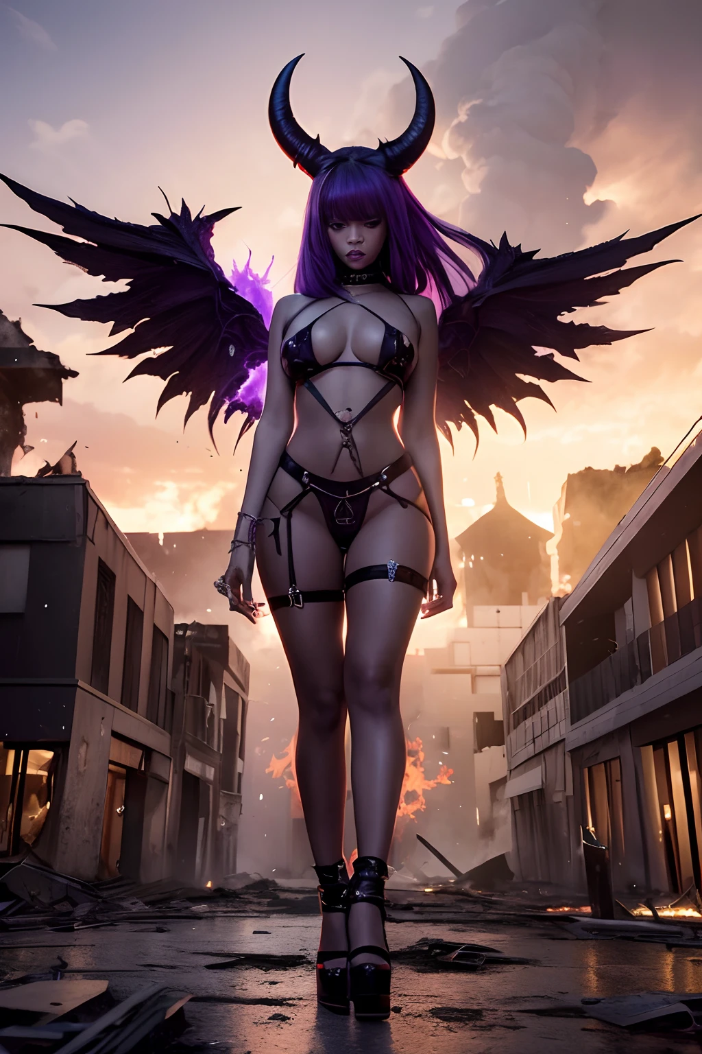 Rihanna hyper-giant, Hyper-powerful demon with two demon horns on his head and demon wings, Purple lightning fire on a building and shatters buildings , ville en ruine post apocalyptique,