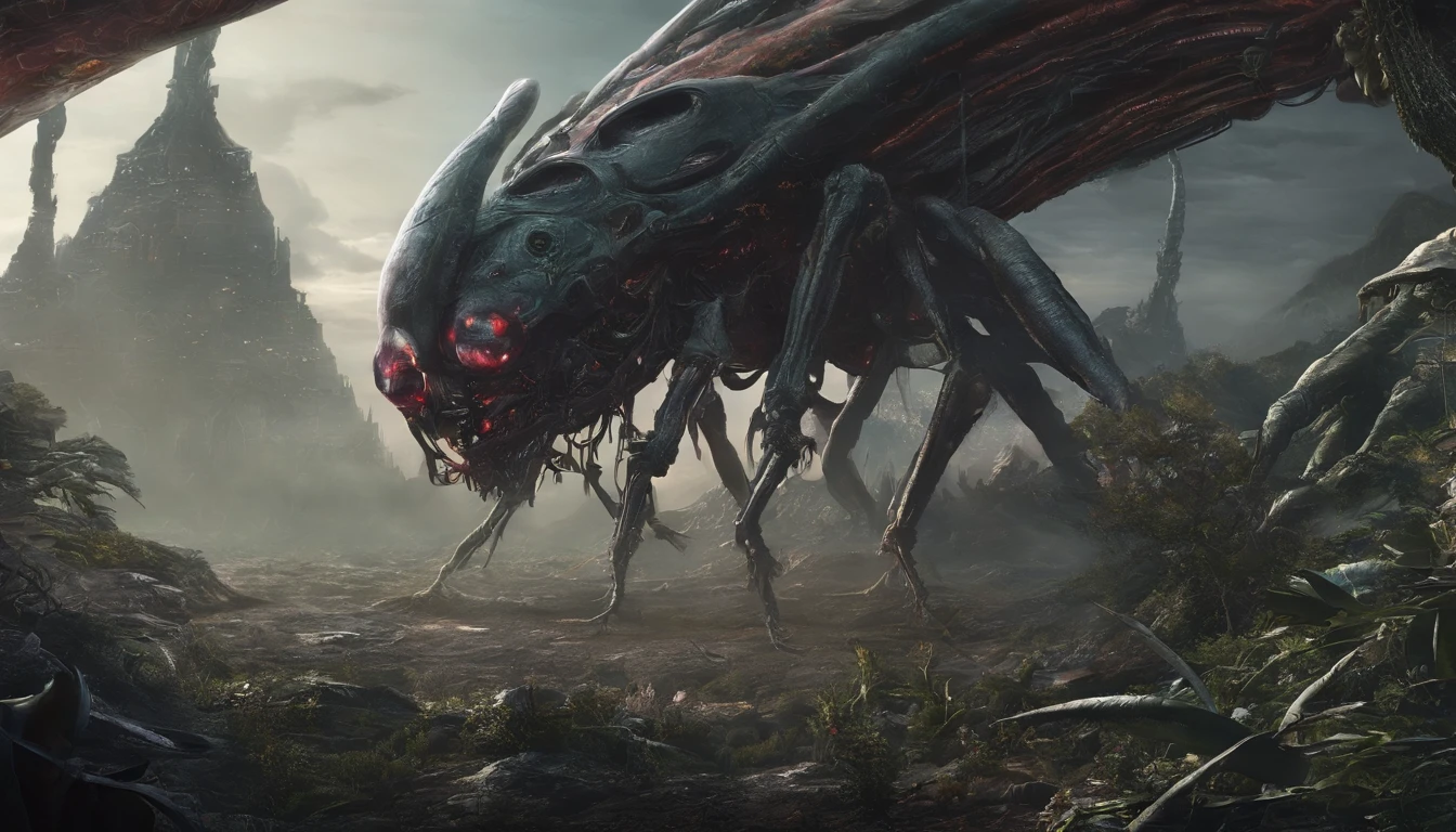 Image of a extraterrestrial life, a colossal behemoth, gigantic shape,insect-like creature, it's has six legs, two long tail, white fur cover the whole body, sharp thorn on the back, one crystal horn on the head, sharp teeth, sharp claw, four big blue eyes,some plate of black scale cover some part of it's body, walking in an alien green grassland, Detailed,Realistic,4k highly detailed digital art,octane render, bioluminescence ,8K resolution concept art, realism,by Mappa studios,masterpiece,best quality,official art,illustration,ligne claire,(cool_color),perfect composition,absurdres, fantasy,focused