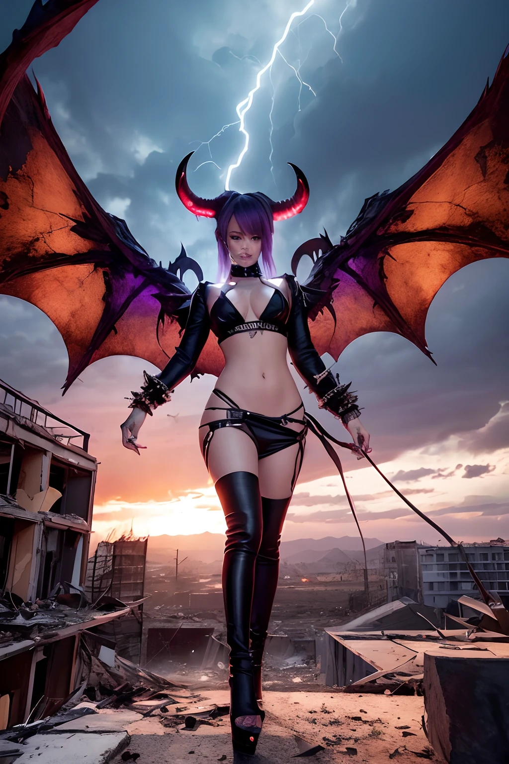 Rihanna hyper-giant, Hyper-powerful demon with two demon horns on his head and demon wings, Purple lightning fire on a building and shatters buildings , ville en ruine post apocalyptique,