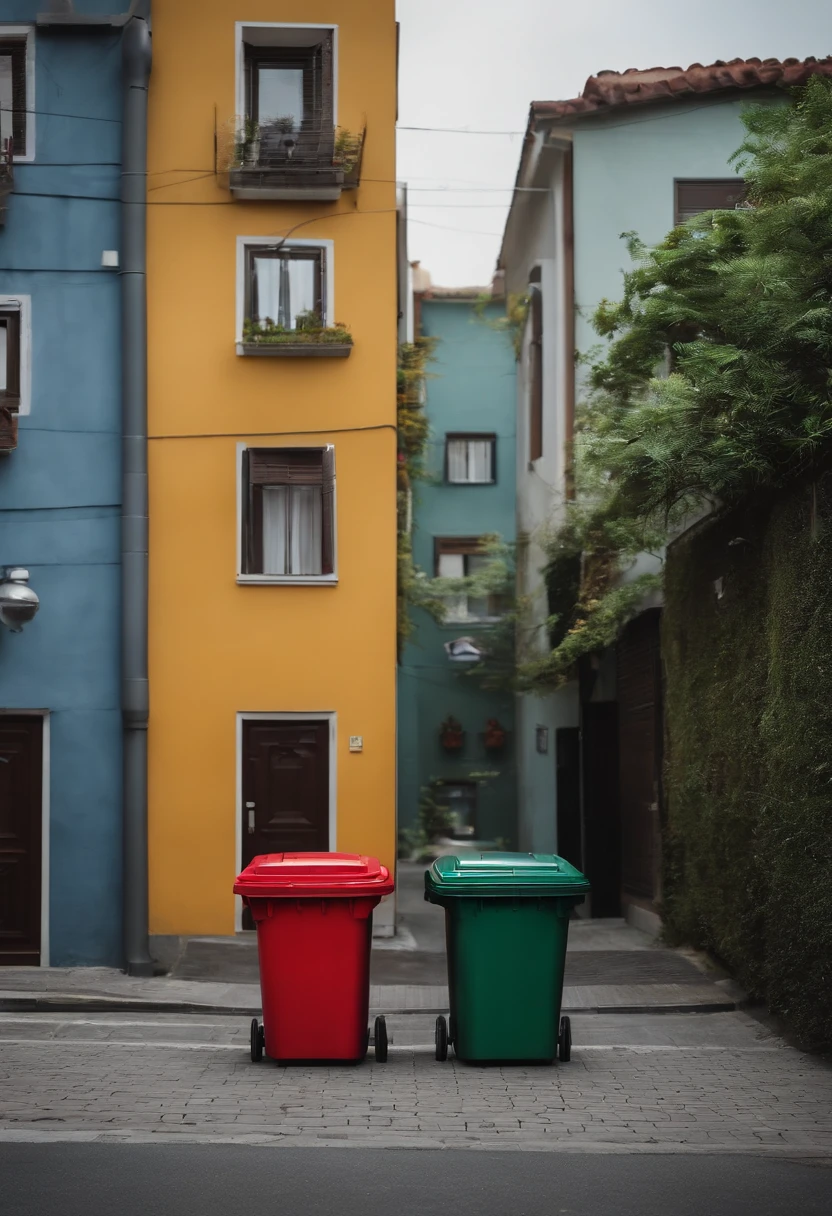 One shows that garbage sorting is environmentally friendly、A poster that is valued by both adults and children in the family。There are four trash cans of different colors,Corresponding to different garbage。There should be 4 garbage cans,Hazardous trash cans in red, respectively,Green food waste bins,Blue recyclable trash can,Gray other garbage。It should be able to reflect the "less garbage.",The theme of "City Beauty is very".。