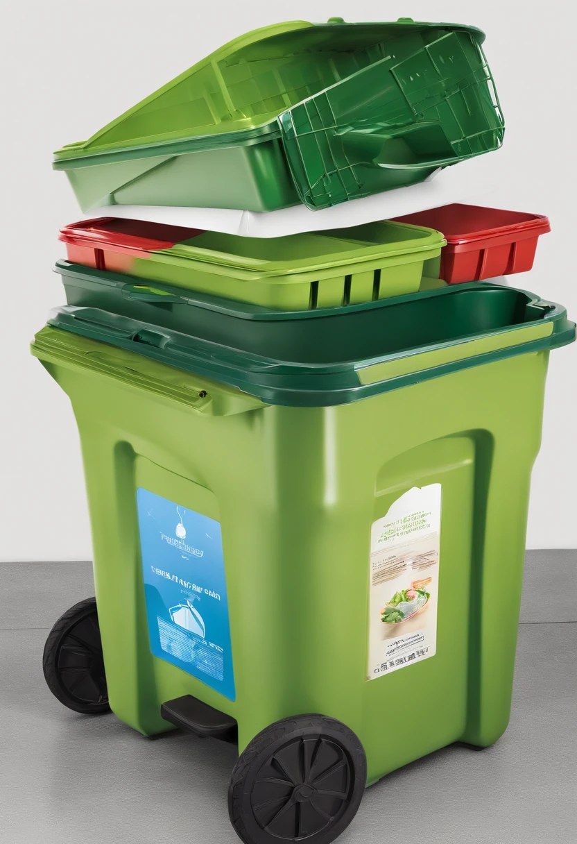 One shows that garbage sorting is environmentally friendly、A poster that is valued by both adults and children in the family。There are four trash cans of different colors,Corresponding to different garbage。There should be 4 garbage cans,Hazardous trash cans in red, respectively,Green food waste bins,Blue recyclable trash can,Gray other garbage。It should be able to reflect the "less garbage.",The theme of "City Beauty is very".。