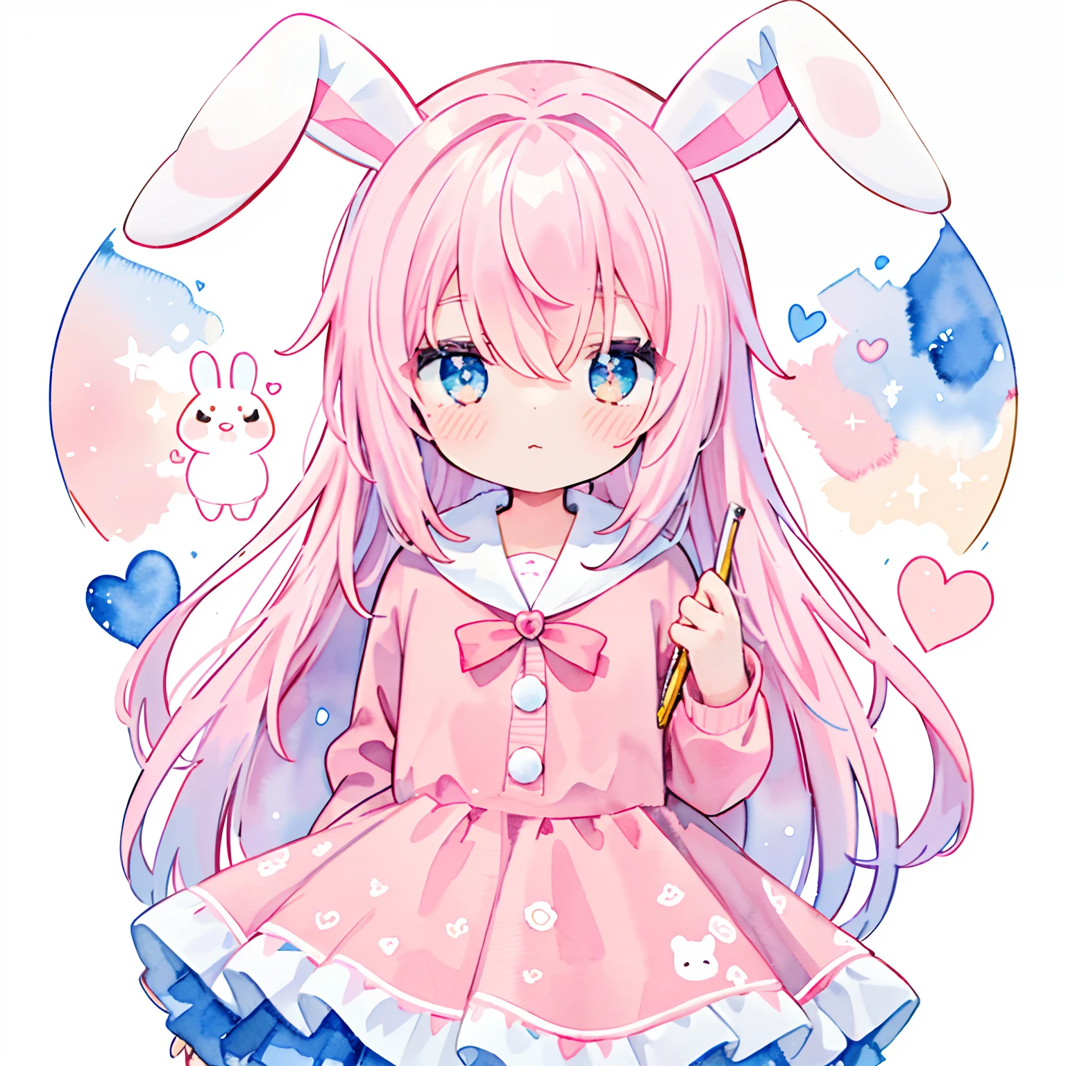 (PastelColors:1.5)、(Cute illustration:1.5)、(watercolor paiting:1.2)、(1 girl:1.0)、hair between eye、(Color: 1.5), (Cute illustration: 1.5), (watercolor paiting: 1.2), (1 girl: 1.0), (1 girl: 1.2), hair between eye, White background, (Color: 1.5), (Cute illustration: 1.5), (watercolor paiting: 1.2), (1 girl: 1.0), (1 girl: 1.2), hair between eye, White background, girl, Whole body espian, Rabbit Girl, Rabbit tail, Puffy skirt design, Design with a rabbit atmosphere, Style, Double Layer Light Pink Dress Skirt, Sparkling Heart, Shake your hair, Calm、kawaii、White Boa Jumper, Rabbit ears、Light pink hair, Rabbit elements、Like a VTuber、charicature
