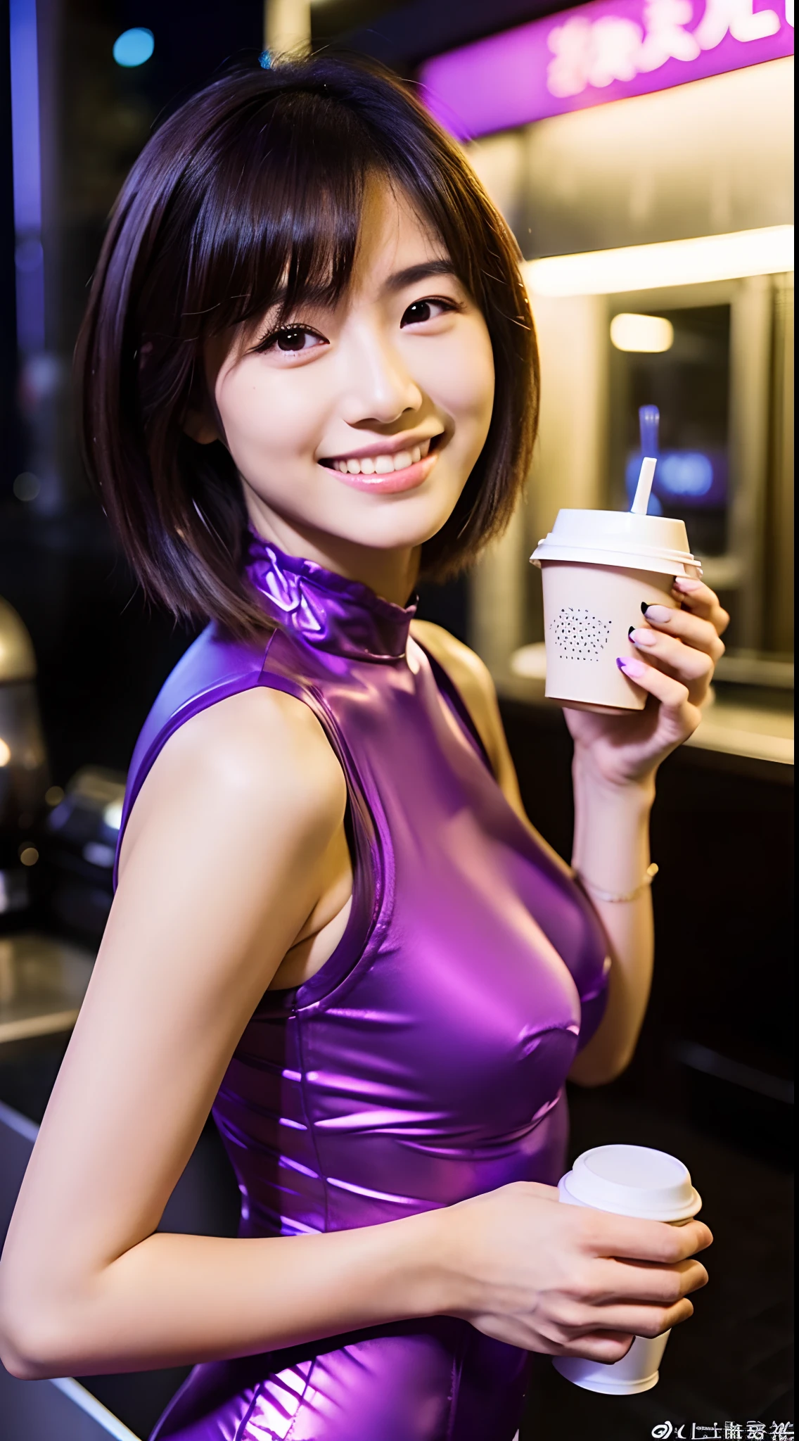 ((full bodyesbian))、(((Purple leotards)))、(((Night Coffee Shop)))、((1人))、((short-hair))、((A sexy))、((Cute Beautiful Girl))、((A slight smil))、((Glamour))、Photorealsitic、Beautiful detailed eyes、Hyper-Realism、highcontrast、Ultra HD、realistic skin textures、Top image quality、top-quality、超A high resolution、Fine details、Very meticulously