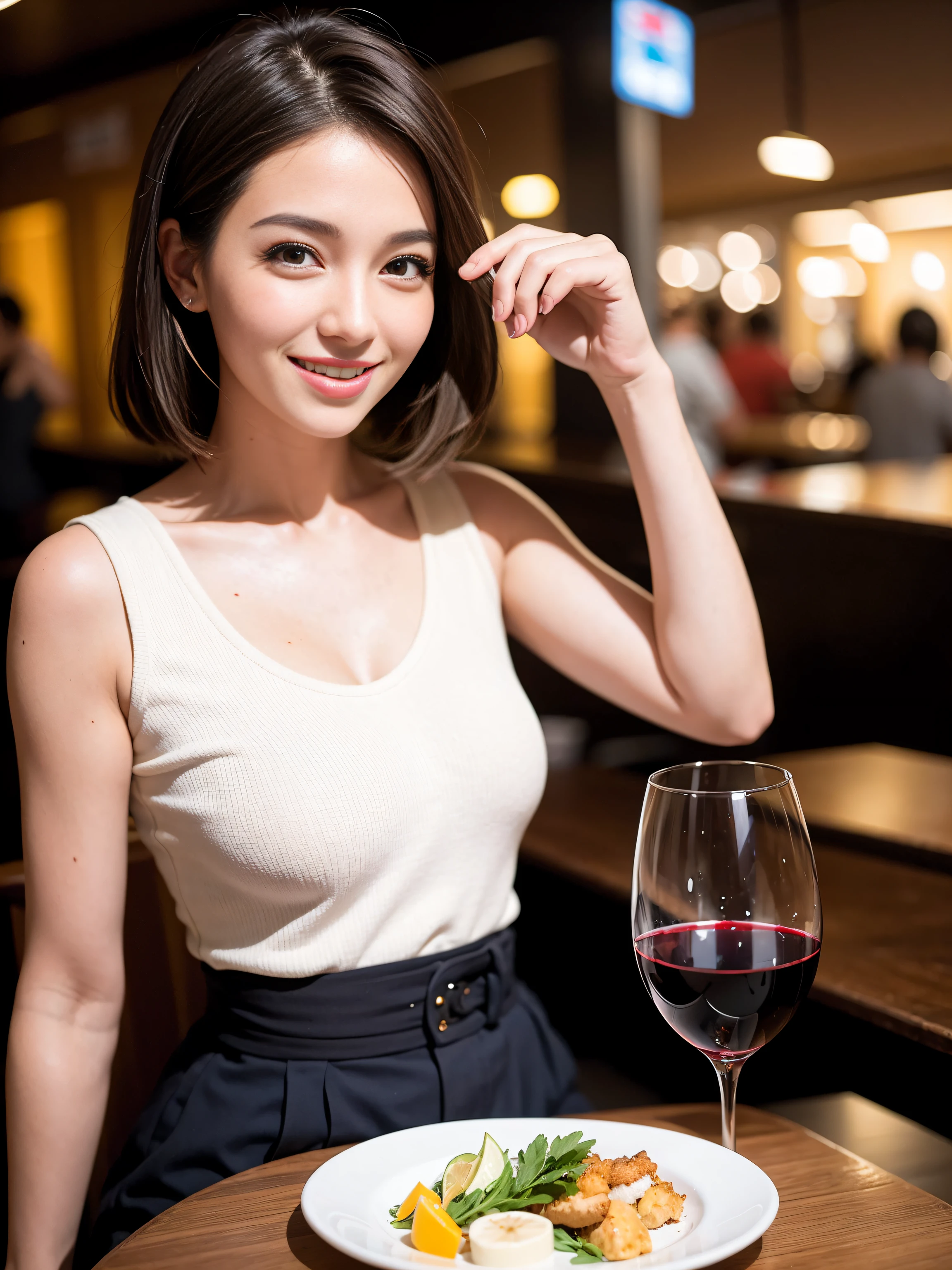 (64K, UHD, top quality, masterpiece: 1.2), (realistic, photorealistic: 1.37), super detailed, pretty woman 1 person, (slim face), (slim body), (brown hair), (short cut), cheeks slightly blushing, (44 years old), 38 years old, solo, beautiful detailed urban night view outside the window, restaurant, wine glasses sit, at night, in a prominent placeNovaFrogStyle, Actress, Model, Waist Up, White Wine, Slim, Wine Glass, Super Clean Night View, Wine Glass Put in the Middle, Happy Smile, (Smile: 1.15), Beautiful Fine Eyes, Upper Body, Bust Japan Up, Night, Short, Short, Actress, Model, Waist Up, White Wine, Slim, Wine Glass, Super Clean Night View, Wine Glass Put in the Middle, Happy Smile,