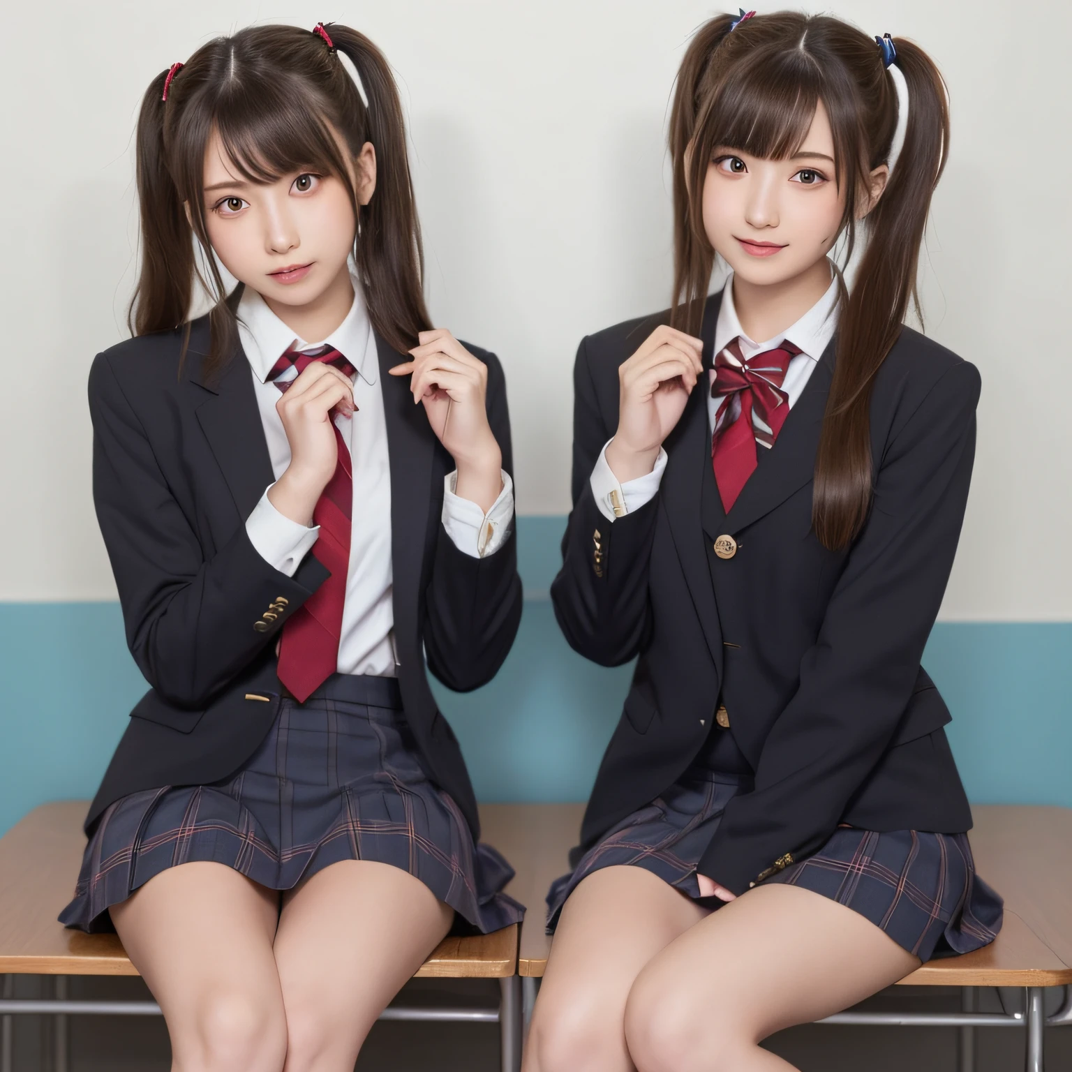 masutepiece, Best Quality,  (Beautiful Girl:1.3), (:1.2), Very fine eye definition, (Symmetrical eyes:1.3), ((NSFW)), (School uniform,  Cute skirt:1.3), Beautiful breasts, Brown eyes, Parted bangs, Brown hair, Upper teeth,twintail hairstyle,2 girls,