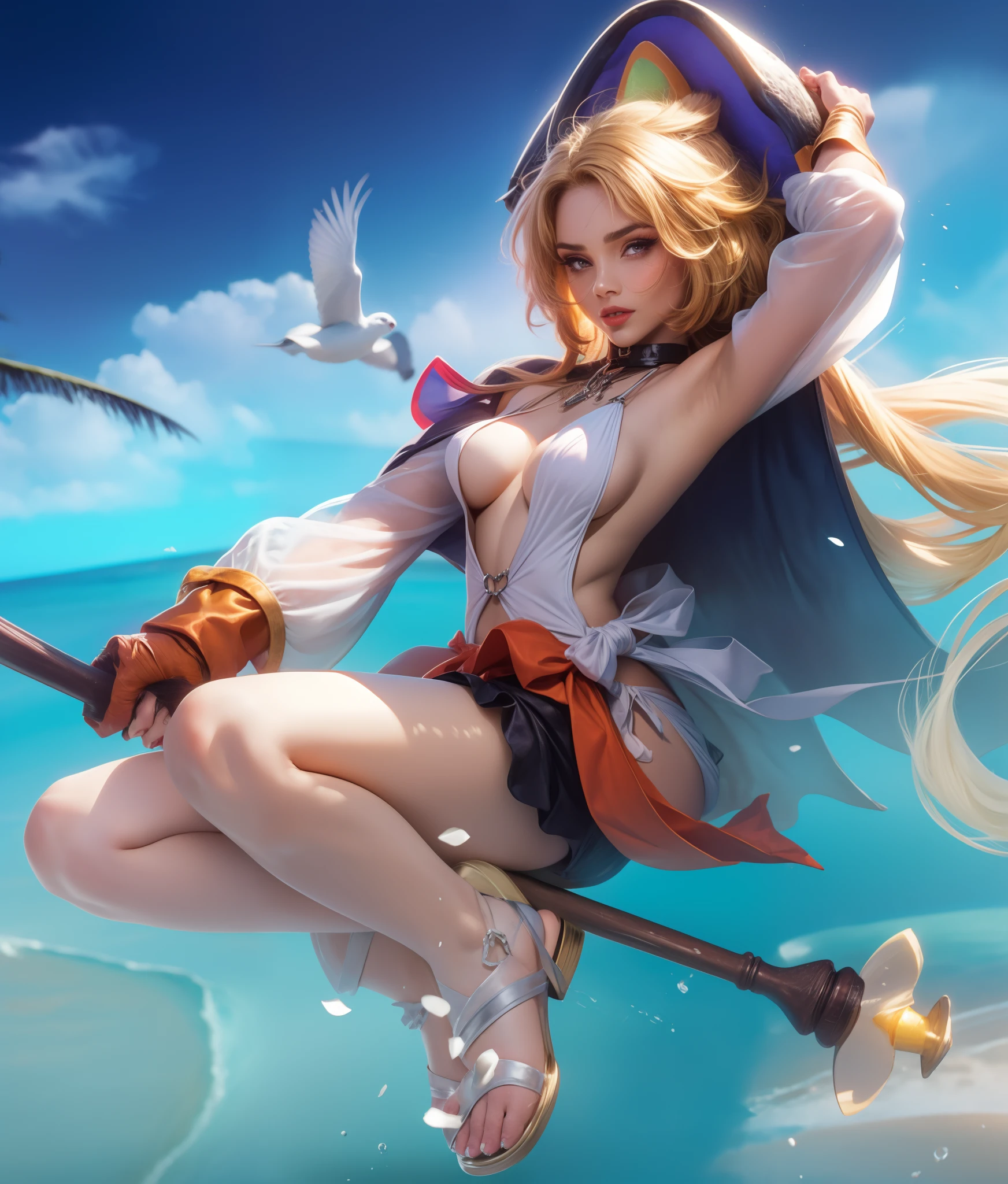 (max resolution: 1.2), (Ultra HDTV: 1.2), 8K resolution, Eye and skin details, detailed facial features, , (Sharp focus: 1.2), (Focus focus) facial expressions: 1.2), Girl, Swimsuit, (long hair), Beach view, Some coconut trees, Fox ears