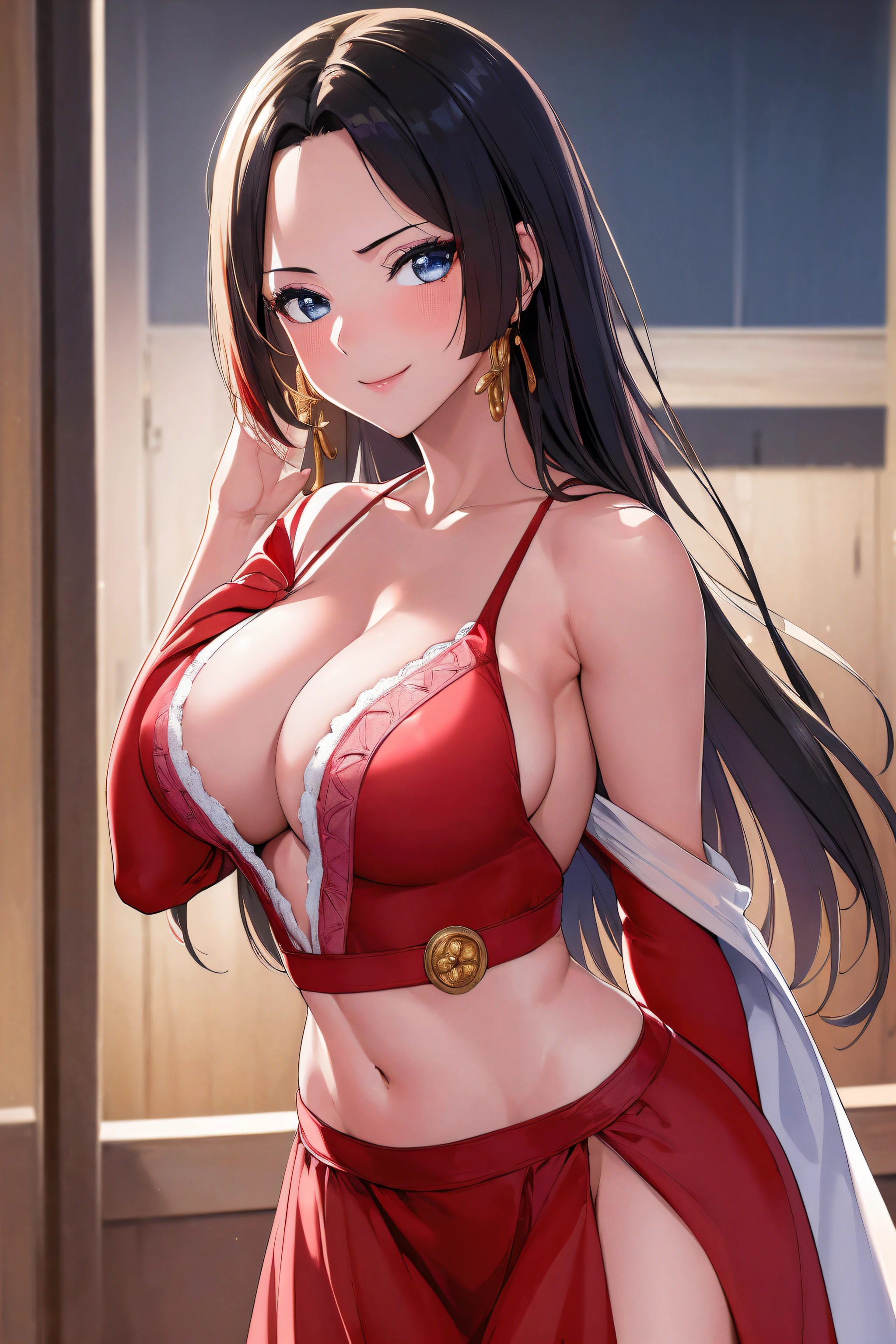 (masterpiece, best quality:1.2), cowboy shot, solo, 1girl, boa hancock, smile, looking at viewer,armpits,arm up,(wearing long dress,red dress,cleavage,white bra,long sleeves, midriff:1.2),NSFW,official art,extremely detailed CG unity 8k wallpaper, perfect lighting, (masterpiece:1.0),(best_quality:1.0), ultra high res,4K,ultra-detailed, photography, 8K, HDR, highres, absurdres:1.2, Kodak portra 400, film grain, blurry background, bokeh:1.2, lens flare, (vibrant_color:1.2),(beautiful_face:1.5),(narrow_waist),(perfect hands, perfect anatomy),