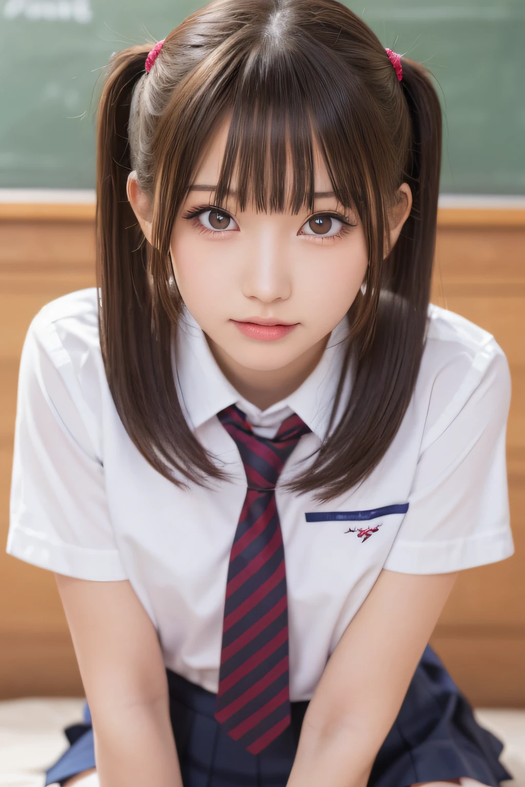 masutepiece, Best Quality, 2 girls,, (Beautiful Girl:1.3), (16 years old:1.2), Very fine eye definition, (Symmetrical eyes:1.3), ((NSFW)), (School uniform,  Cute skirt:1.3), Beautiful breasts, Brown eyes, Parted bangs, Brown hair, Upper teeth,twintail hairstyle,