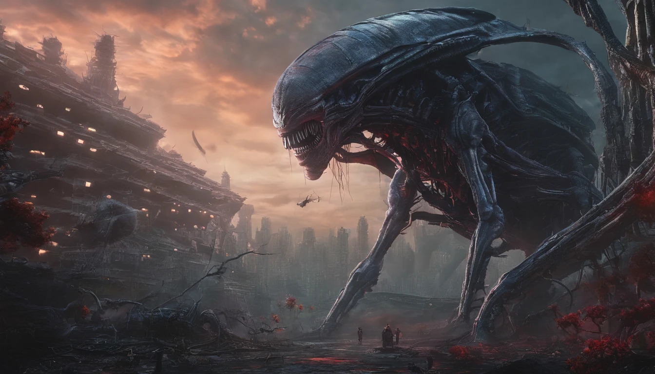 World of Death、Hell、crystal clear skies、There are a lot of insects in the sky、Ground covered with vegetation, Land of the Dead, End of the world, It is reminiscent of death, Reminiscent of death, the chaos、red fluid, Giant float、World of Death、ighly detailed, finely detail, ​masterpiece, top-quality, ultra-detailliert、Underworld、overcome、Aftermath of the Apocalypse、Plants covering the ground、A world dominated by overgrown vegetation、Evolved giant insects、