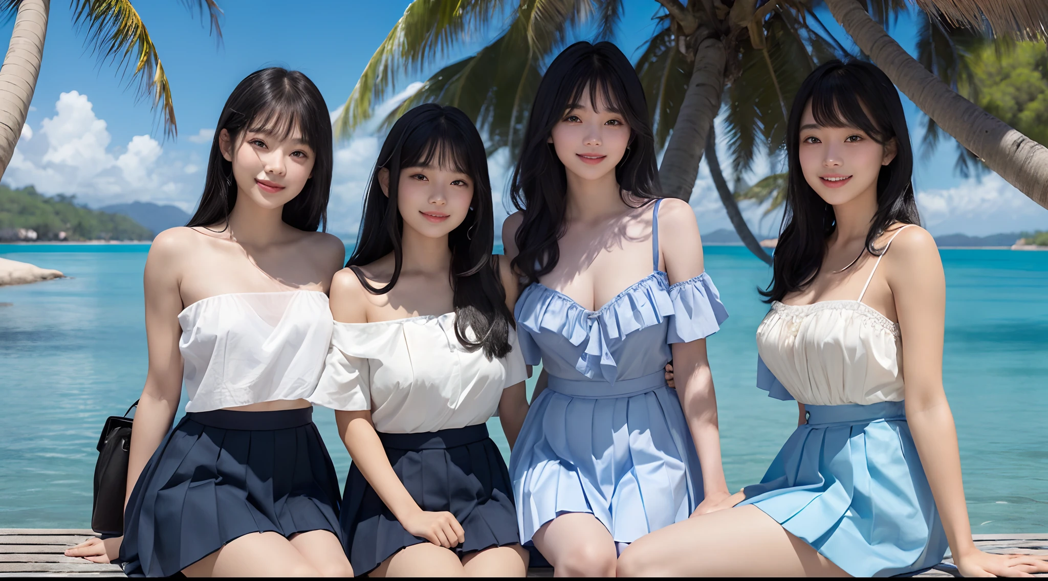 (3 female students), bright smile, beautiful mouth and pink lips, (Bare shoulders), big breasts, pleated skirt, long black hair, bangs, sitting on the beach with clear blue water, under a shady coconut tree (Quality best, Super detailed), (Heavenly starlight), (Wrapped in light), (Beautiful and mysterious),