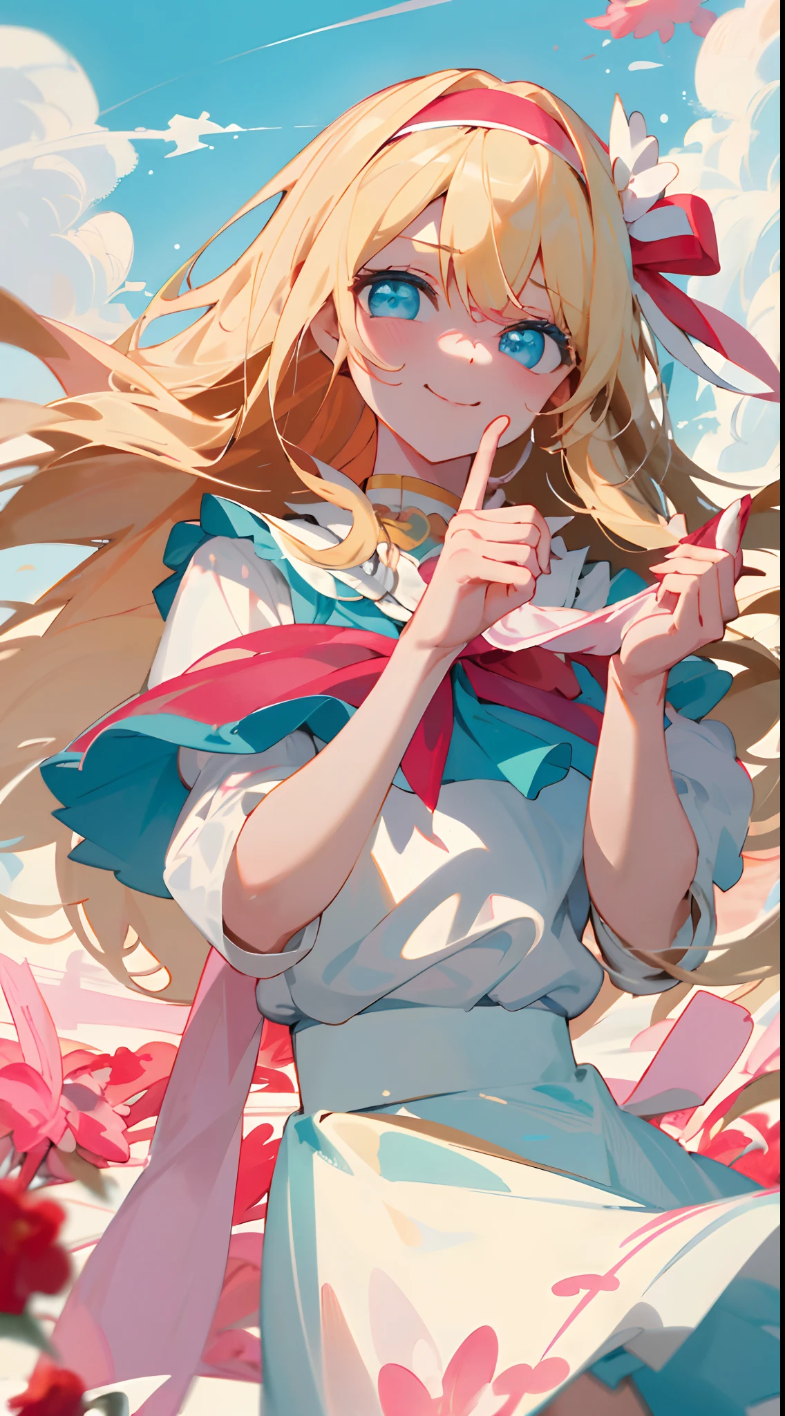 Masterpiece quality，The best quality assurance。A long blonde hair、Cute girl with aqua blue eyes。balmy，ssmile,Exudes magic，Comes with a white headband，Long hair flutters in the wind，Be red in the face,A doll collar blouse with a pink bow tied at the chest,Strap skirt,Genki girl，flower  sea