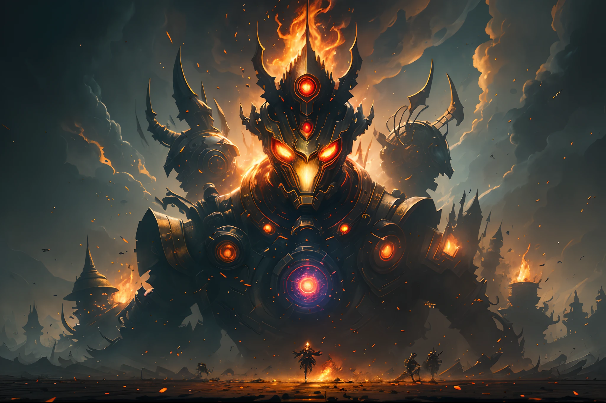 surreal steampunk swarm of horrible and scary shadow of 5 golden-armor wiz-Hat red-scarf wizards shade on battle ground surface,on fire,they combat against a giant Ultron put infinity gauntlet Higher than cloud,in dark garden, in the style of 3D animation style Disneys Pixar,STUDIOCANAL, mixed media, surrealism painting, a journey into my imagination, detailed, elegant, intricate, 4 k, scary painting --auto --s2