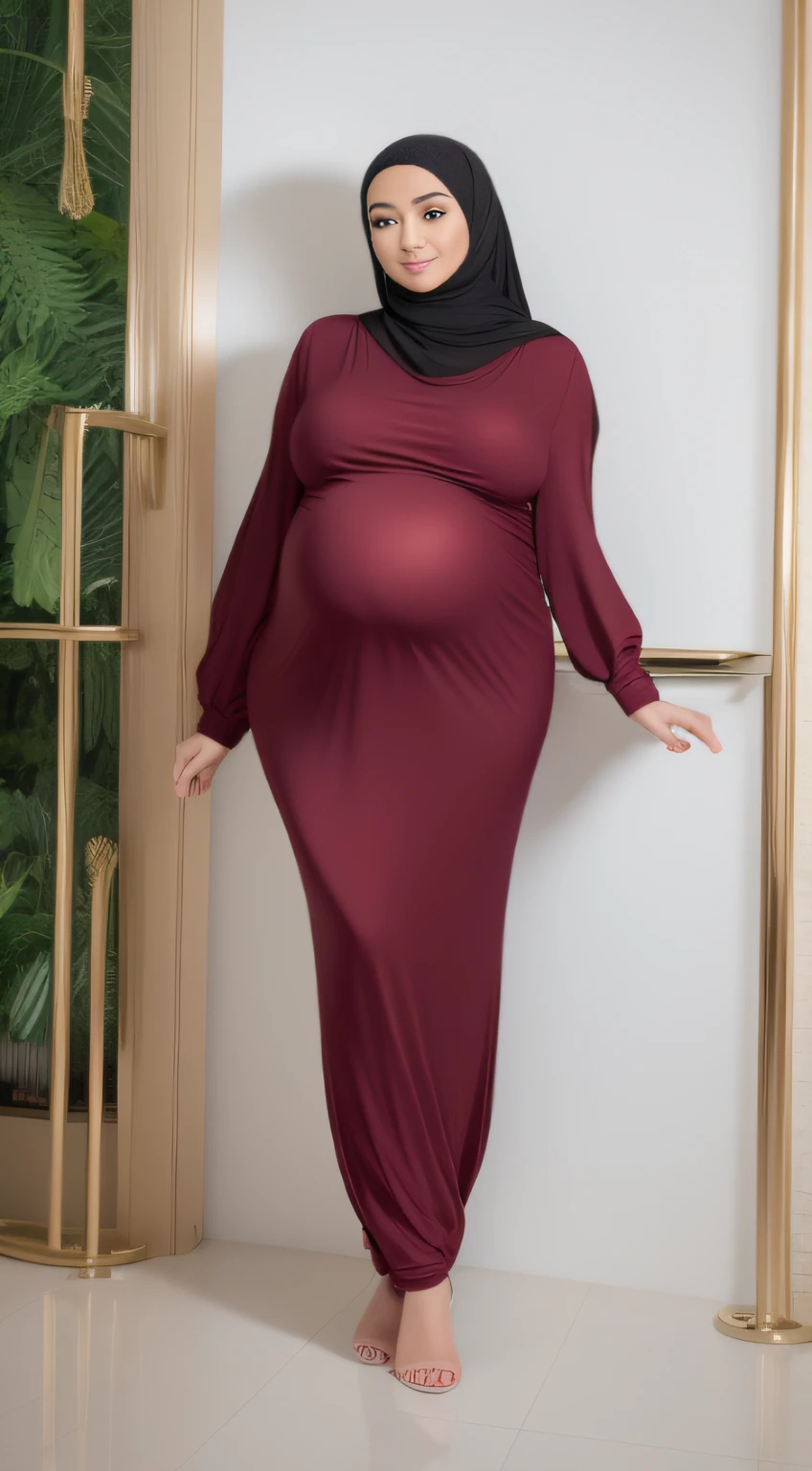 (NSFW,highres:1.2),1 girl,perfect body shape, slim waist, curvy hourglass figure, full body picture, skinny waist and thick hips,full body view,big boobs, (huge pregnant), wearing a hijab,wearing tight dress,beautiful detailed eyes,long eyelashes,natural makeup,soft smile,she has a jiggly fat round belly,vivid colors,studio lighting,physically-based rendering,digital artwork,bokeh