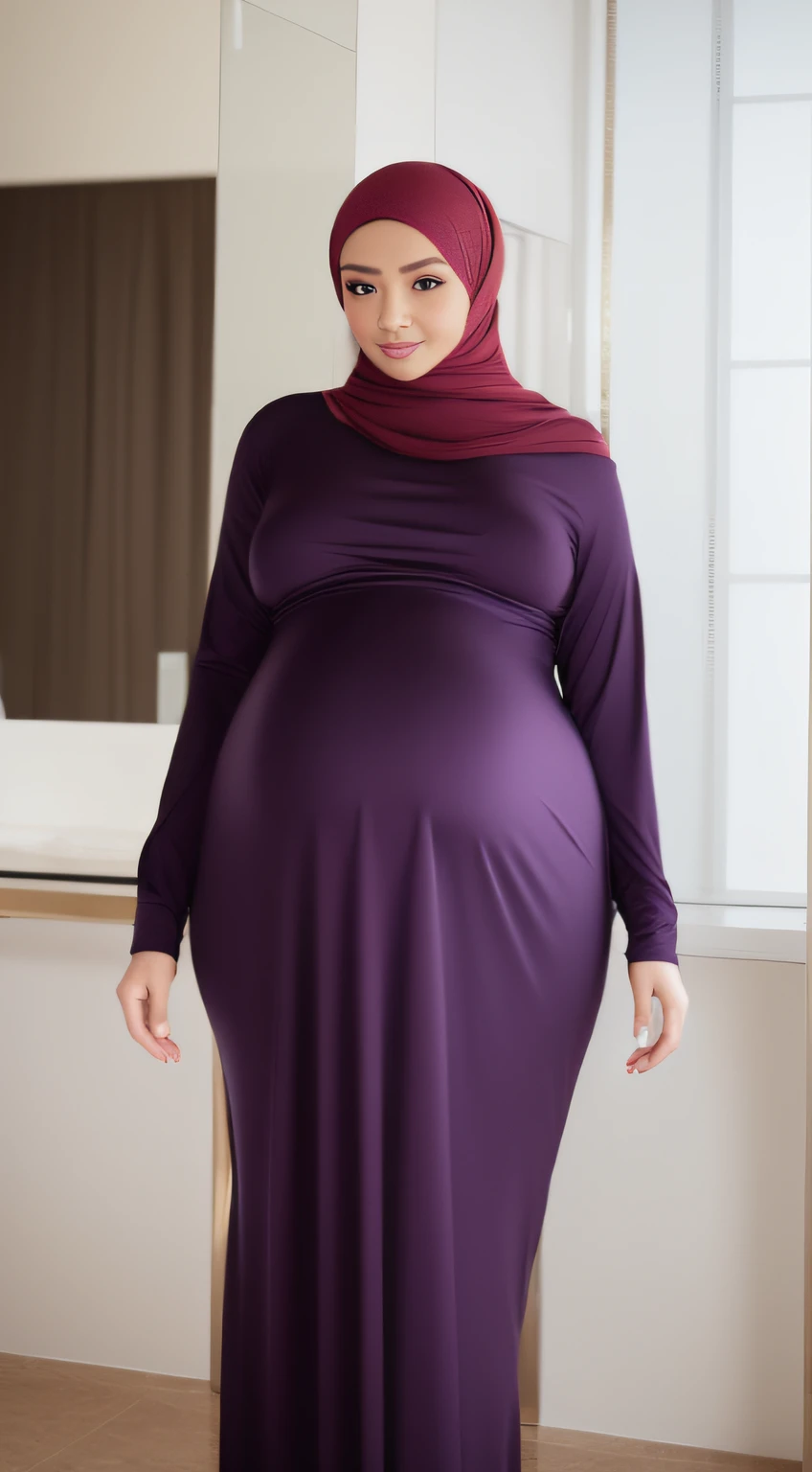 (NSFW,highres:1.2),1 girl,perfect body shape, slim waist, curvy hourglass figure, full body picture, skinny waist and thick hips,full body view,big boobs, (huge pregnant), wearing a hijab,wearing tight dress,beautiful detailed eyes,long eyelashes,natural makeup,soft smile,she has a jiggly fat round belly,vivid colors,studio lighting,physically-based rendering,digital artwork,bokeh