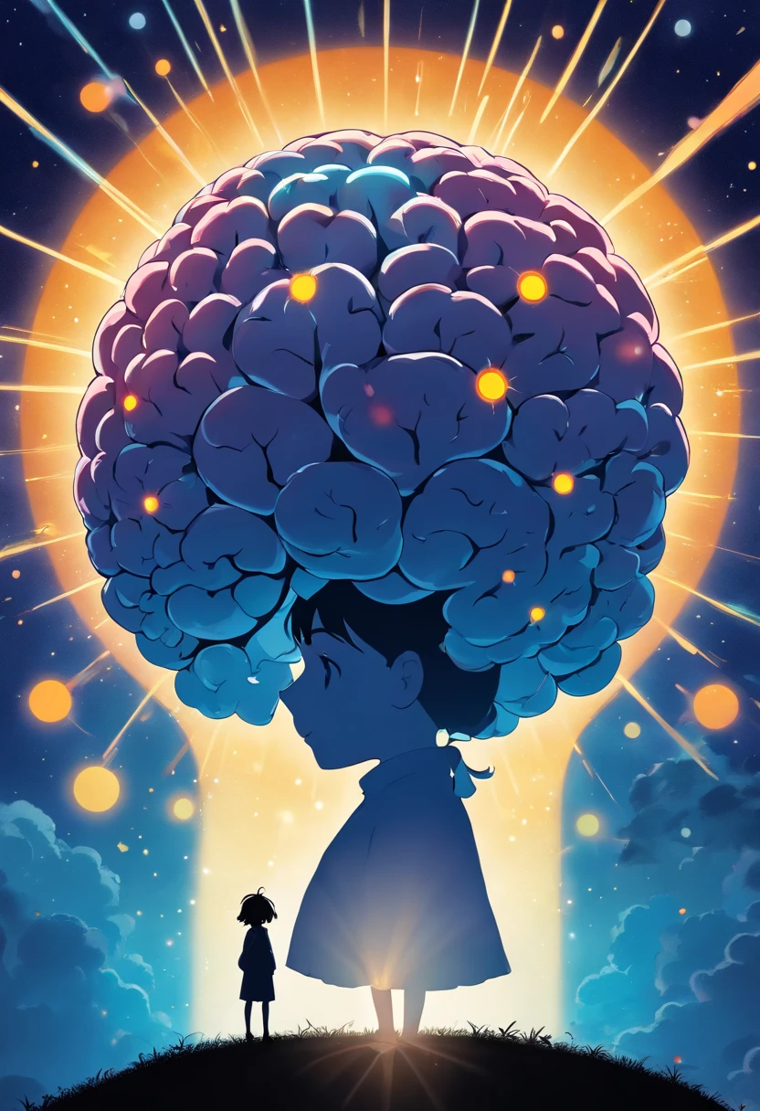 Silhouette or image of a brain with a bright dot in the center representing cognition or insight, complementado por elementos que simbolizam o conhecimento e a aprendizagem, like books or a light bulb. 16:9