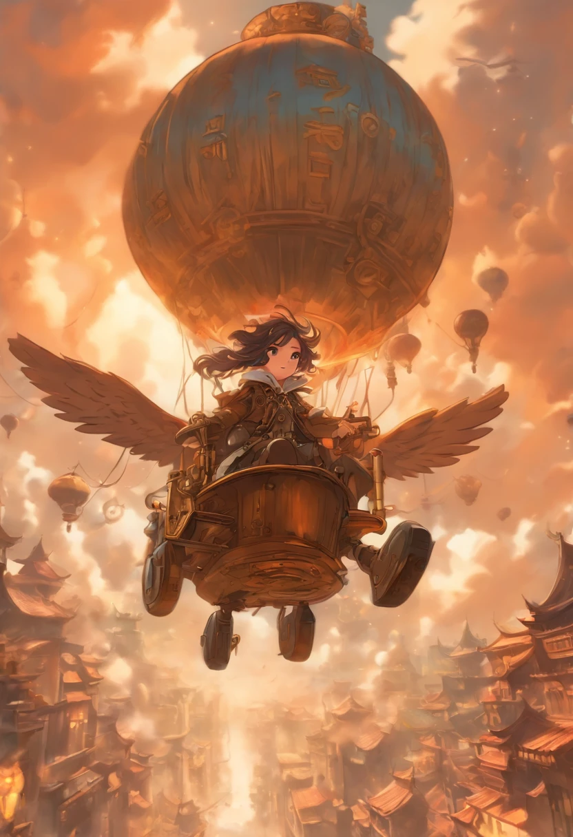 Chinese Ink Style,Steampunk world,Girl piloting steampunk flying machine,Suspended in the air of the city,Thick clouds,Ink Animation Art,Ink Cartoon Art,water ink,inky,Smudge,8K,are delicately depicted,Works of masters,