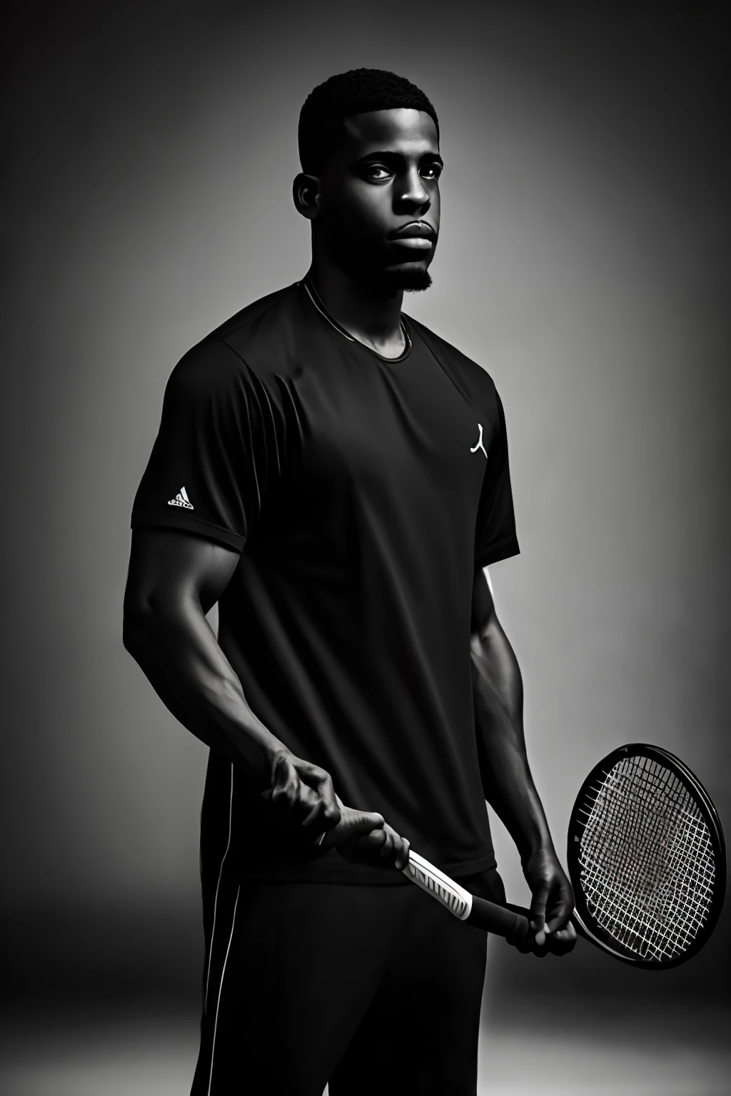 There's a man standing on a tennis court with a racket, bonito hip hop jovem negro, Retrato tirado 8 K, foto de um homem, Retrato no meio da foto, taken in the early 2020s, he is wearing a black t-shirt, homem loiro, jordan lamarre - wan, Pose de retrato, artistic pose, foto modo retrato, mid portrait --auto